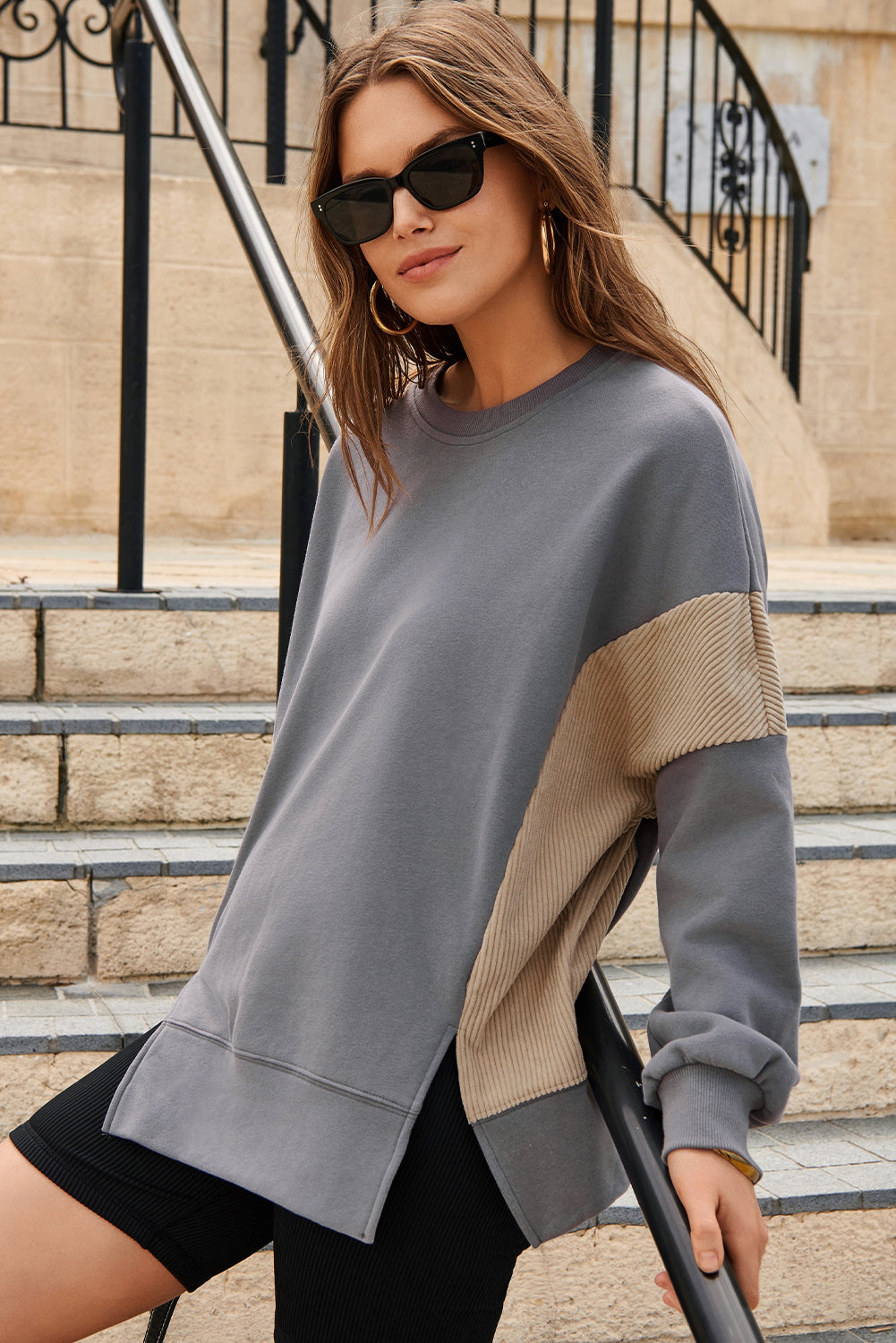Black Corduroy Patched Side Slit Sweatshirt