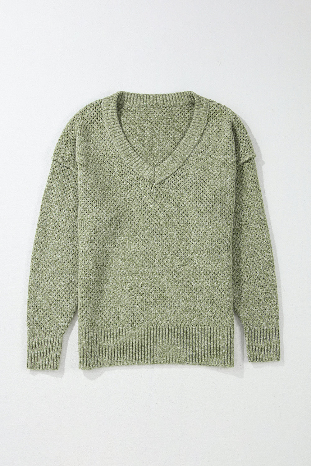 Parchment Loose Eyelet V Neck Drop Shoulder Sweater