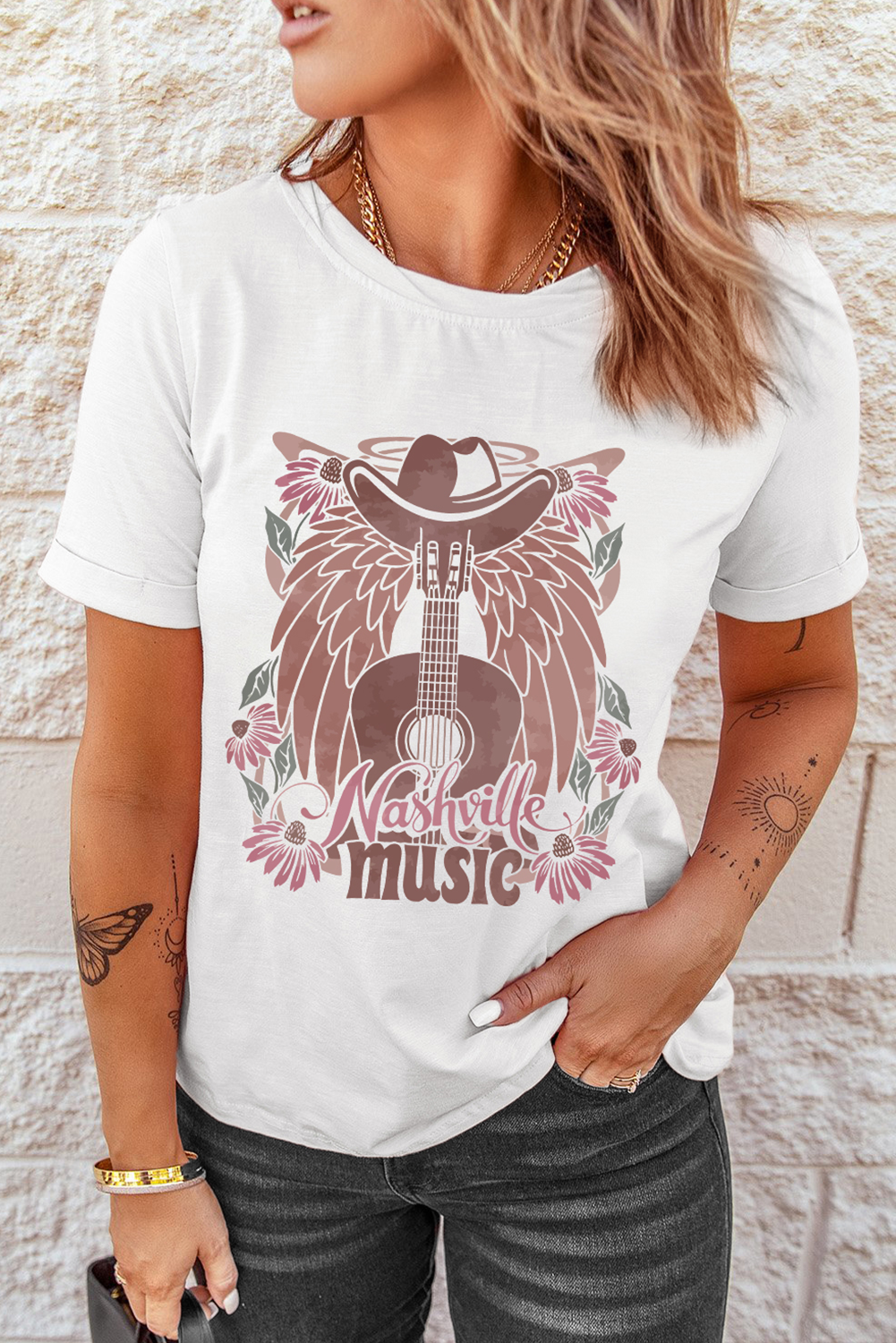 White Nashville Music Cowboy Hat Guitar Graphic Tee