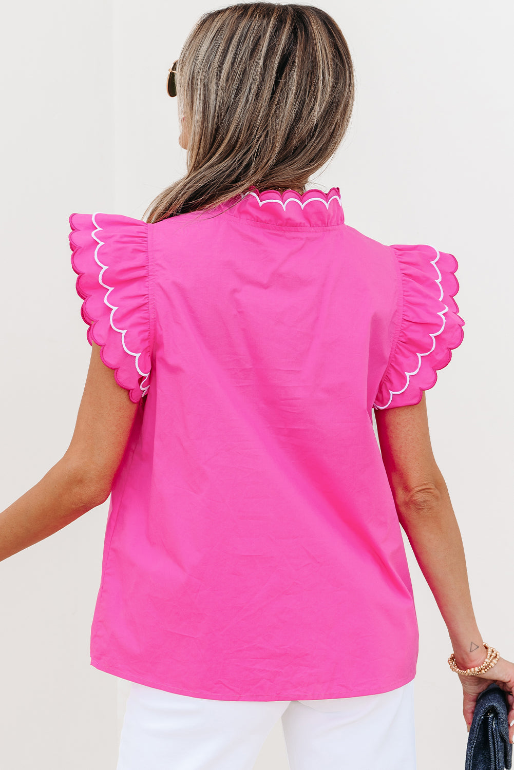 Blue Wild Flower Print Contrast Trim Scallop Detail Short Sleeve Blouse