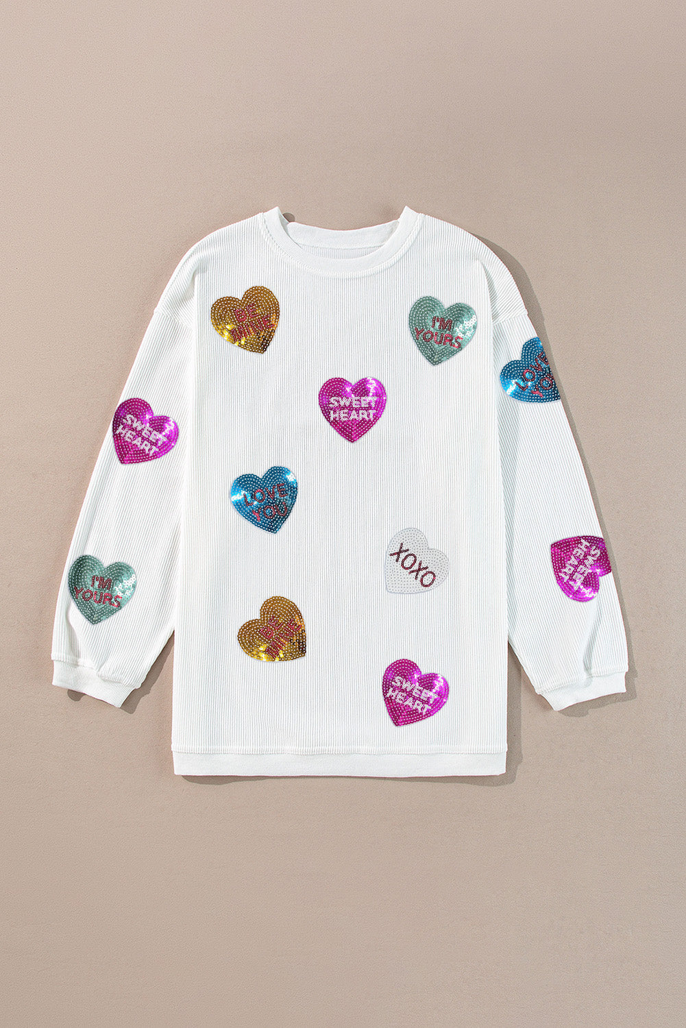 White Valentines Heart Patched Pattern Corded Pullover Sweatshirt