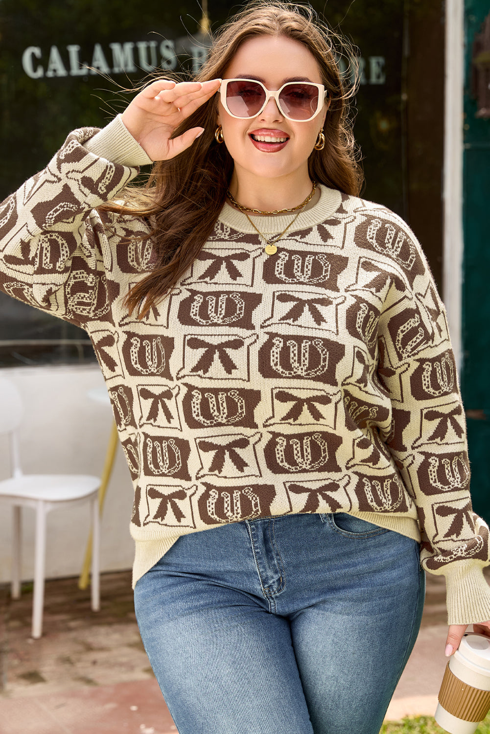 Brown Bows & Horseshoes Pattern Western Fashion Print Sweater