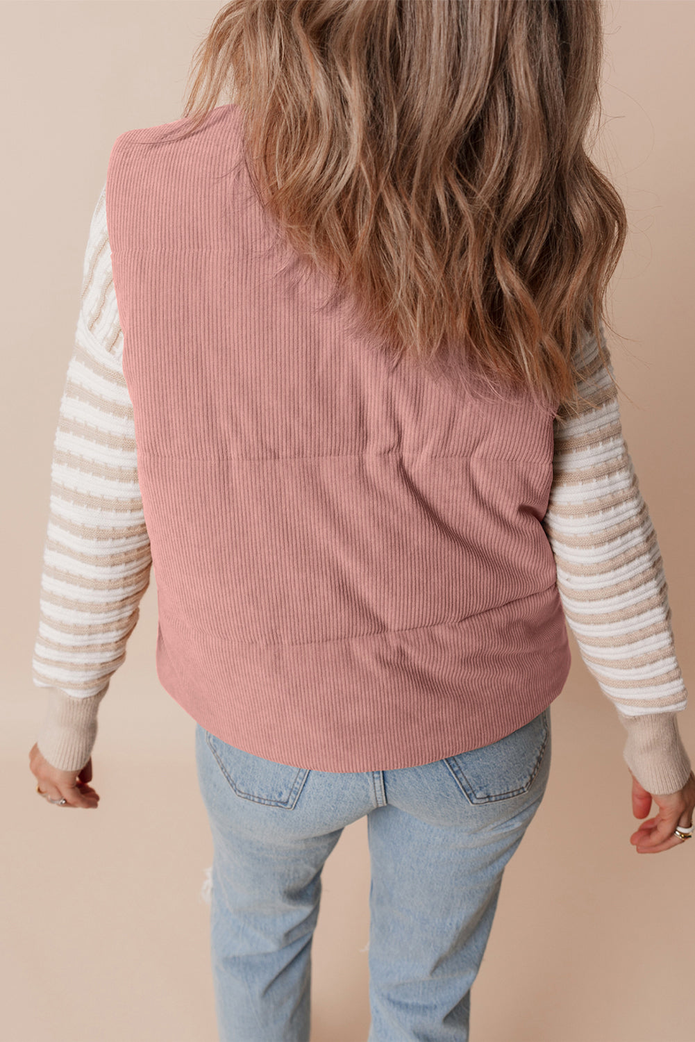 Beige Corduroy Stand Neck Zipped Puffer Vest
