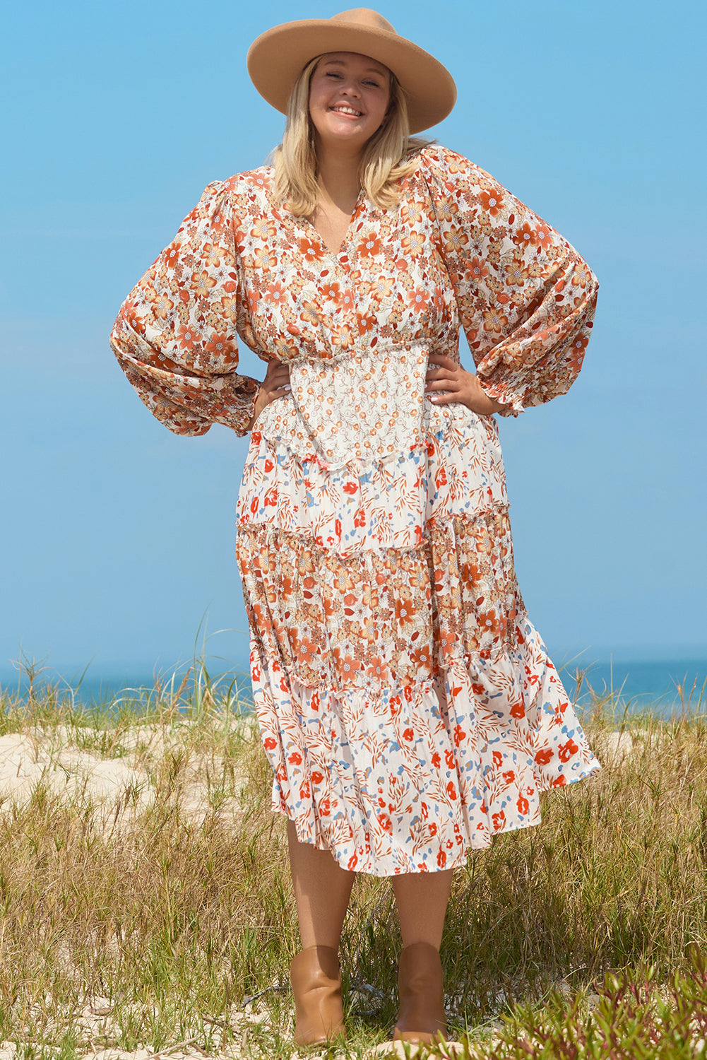 Khaki Floral Print Ruffled Tiered Long Sleeve V Neck Midi Dress