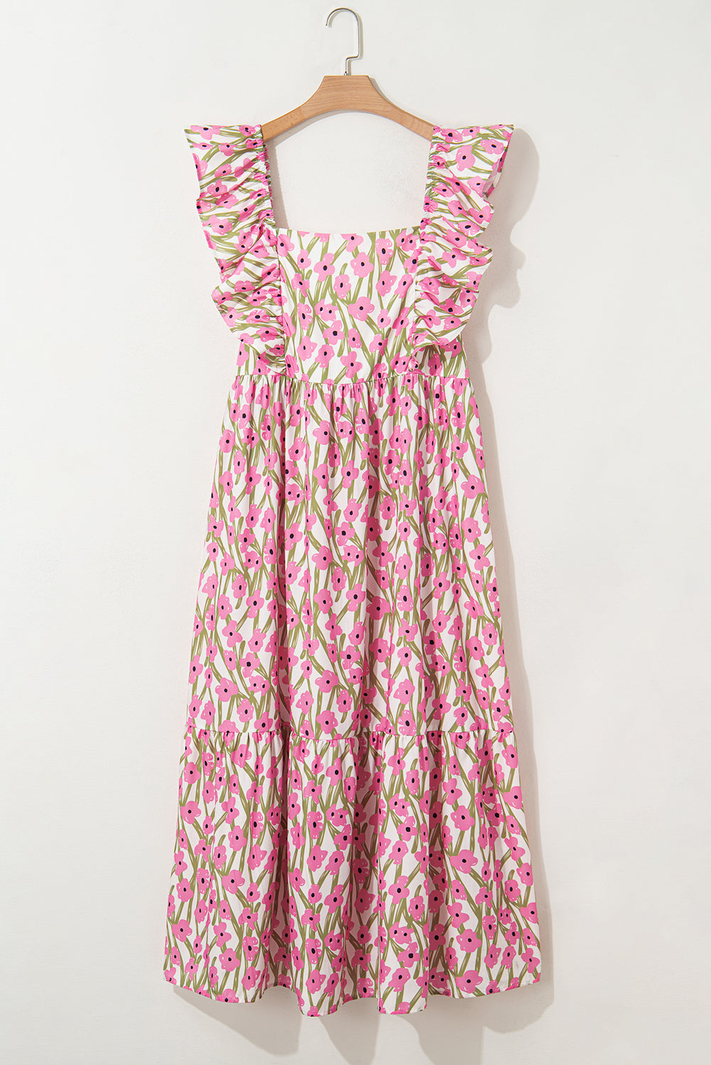 Blue Floral Print Square Neck Ruffled Strap Maxi Dress