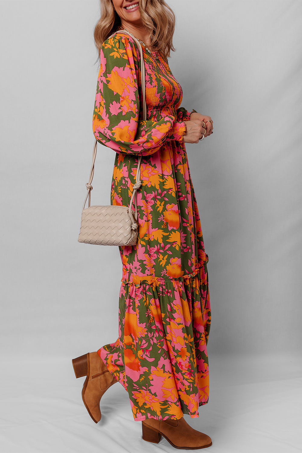 Multicolour Floral Print Long Sleeve Smocked Ruffled Mini Dress