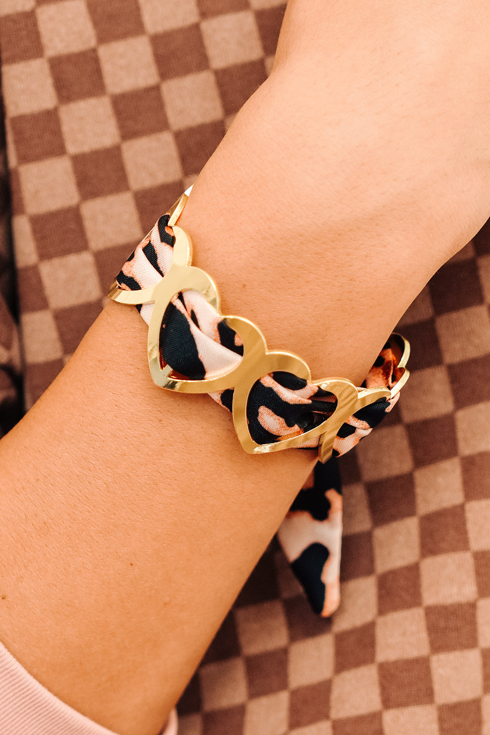 Camel Leopard Ribbon Twine Around Gold Plated Heart Bracelet