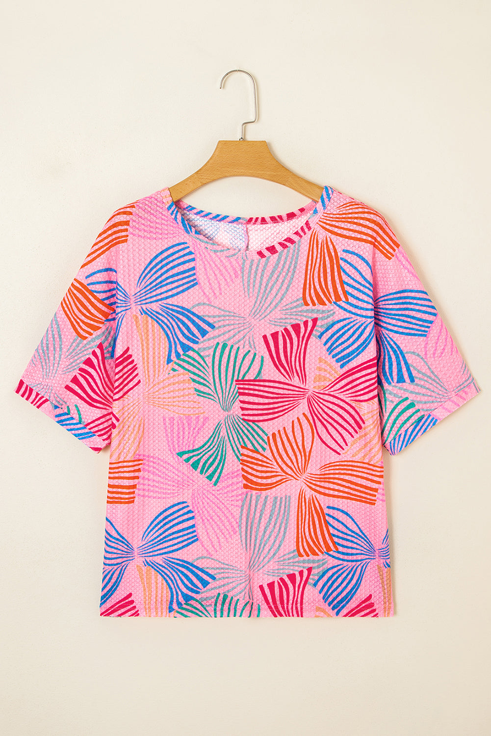 Multicolour Bowknot Printed Waffle Crewneck Loose Short Sleeve Top