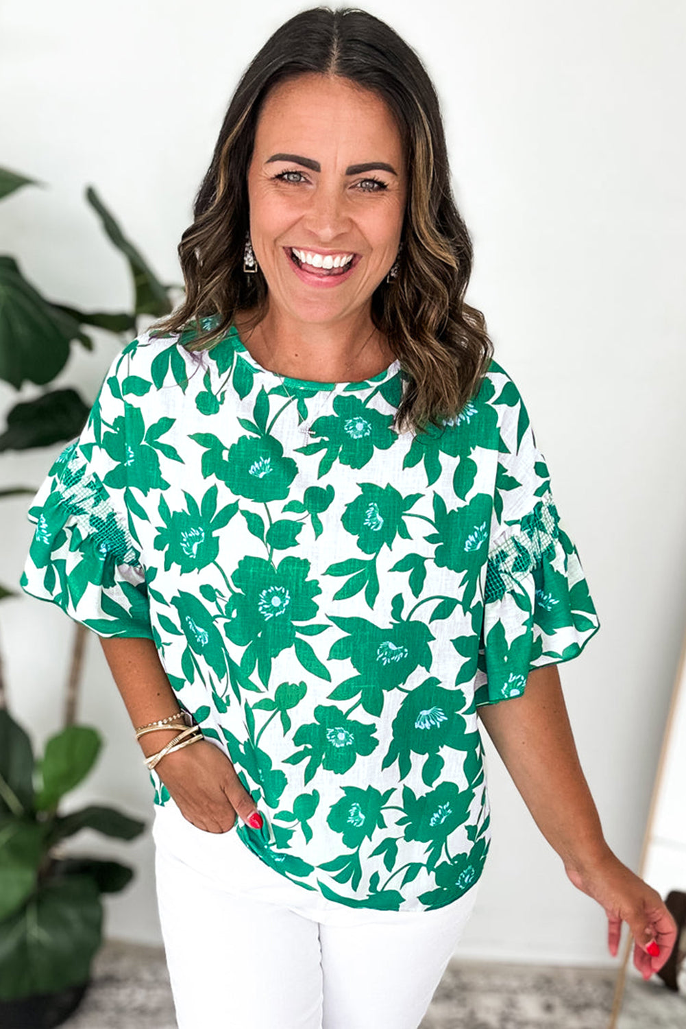 Pink Floral Printed Ruffled Short Sleeve Round Neck Loose Blouse