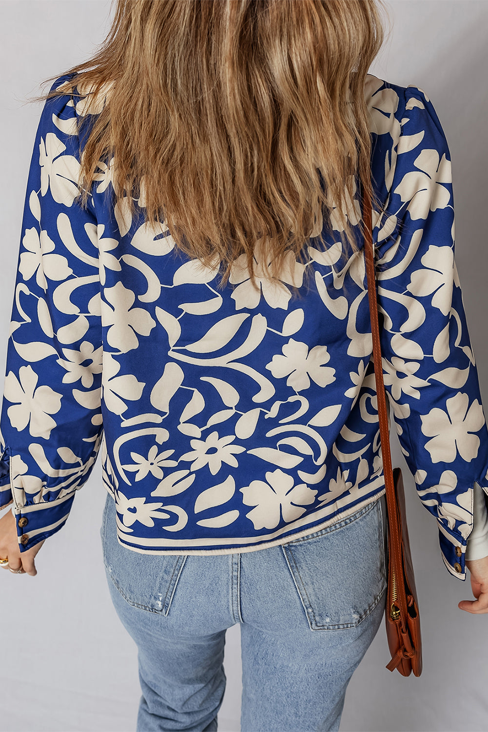 Blue Flower Print Open Front Buttoned Cuffs Elegant Jacket