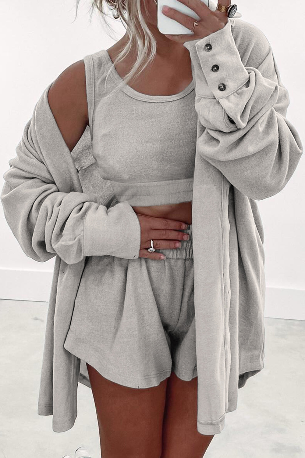 Black 3 Pcs Crop Tank Top Shorts with Cardigan Lounge Set