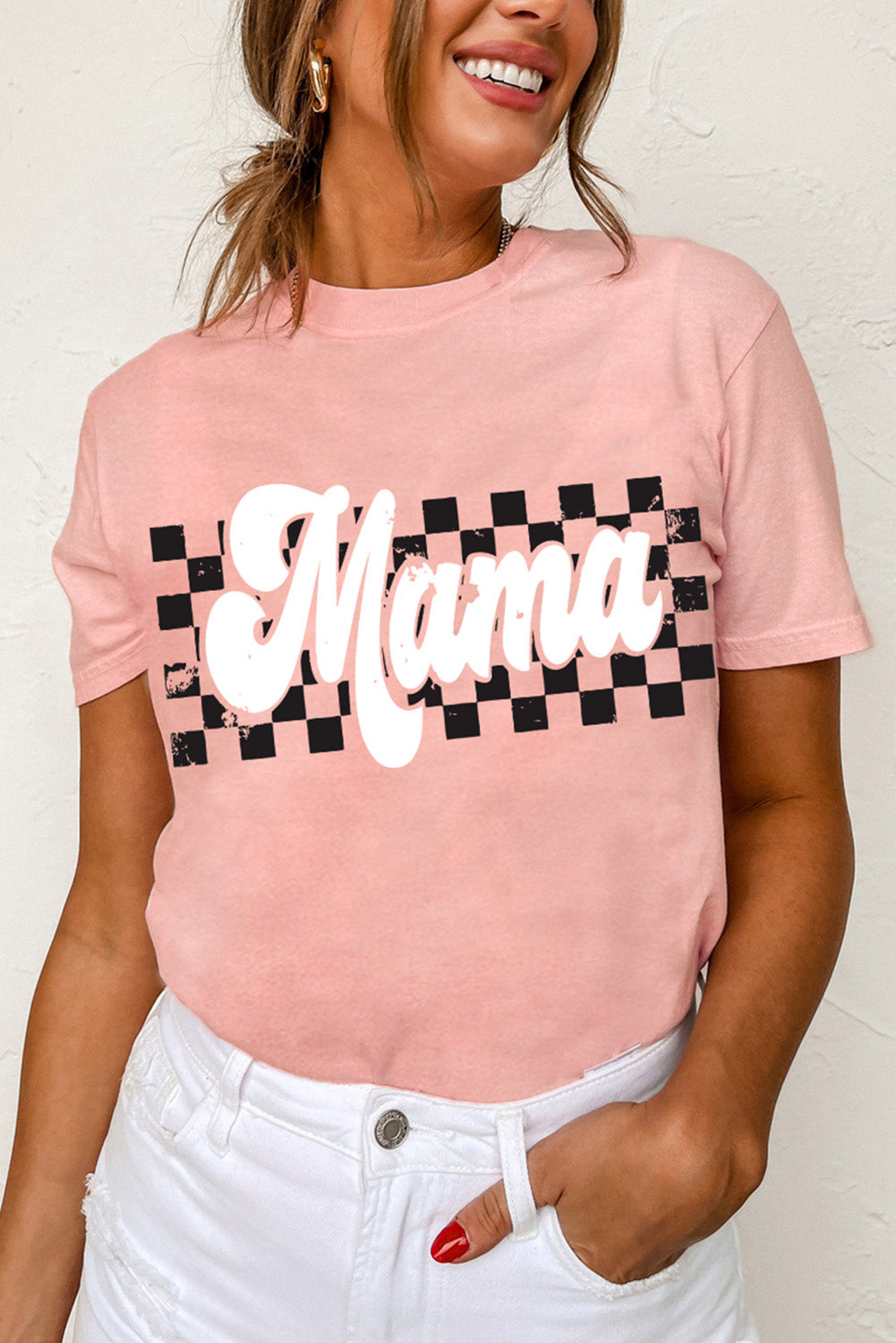 White MAMA Floral Block Graphic Casual T Shirt