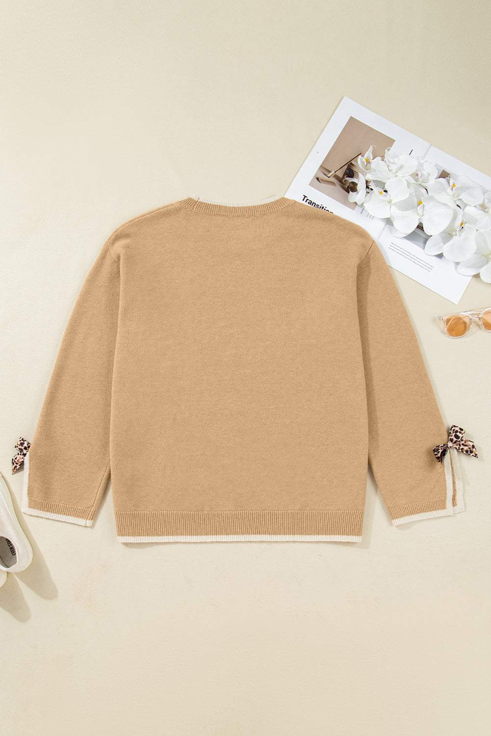 Tan Leopard Bow Decor Split Cuff Contrast Trim Sweater