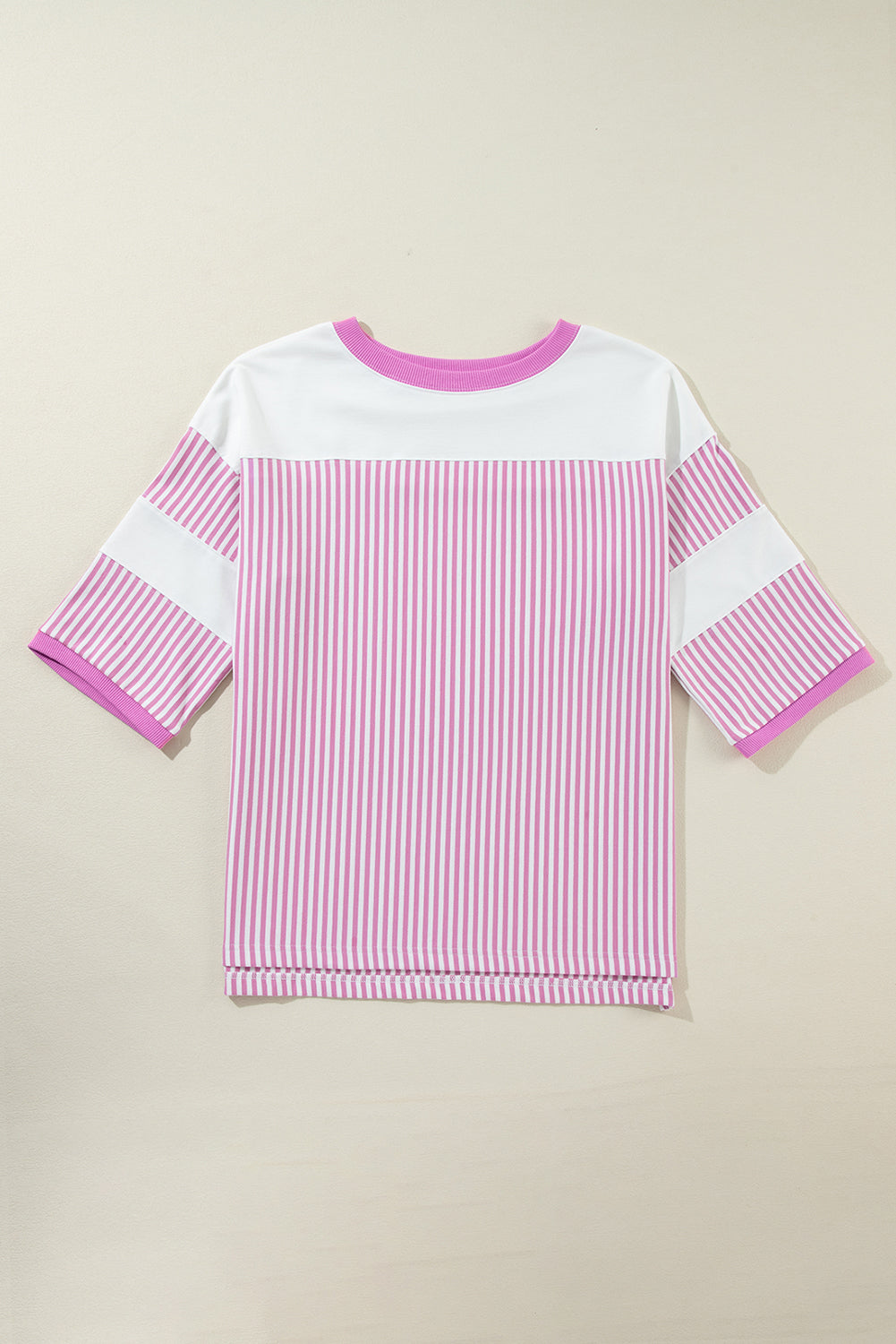 Pink Stripe Patchwork Bracelet Sleeve Plus Size T Shirt