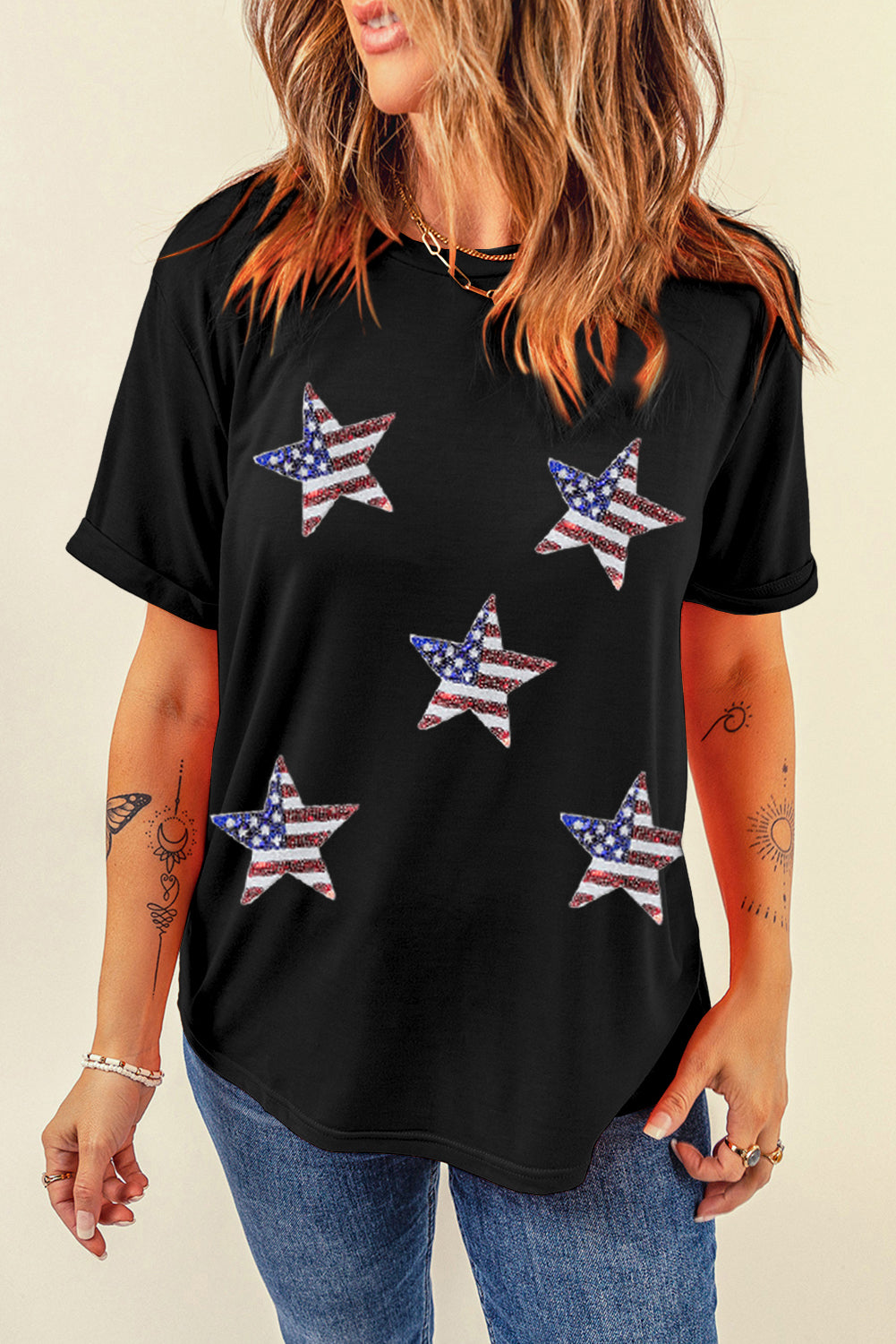 White Sequin American Flag Can Oversized Graphic Tee