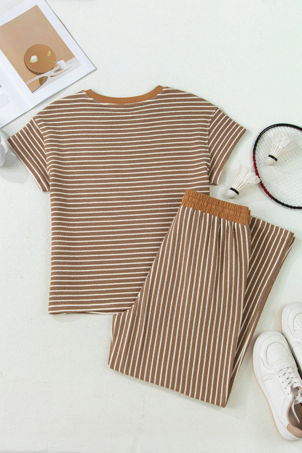 Khaki Stripe Crew Neck Tee Drawstring Waist Cropped Pants Set