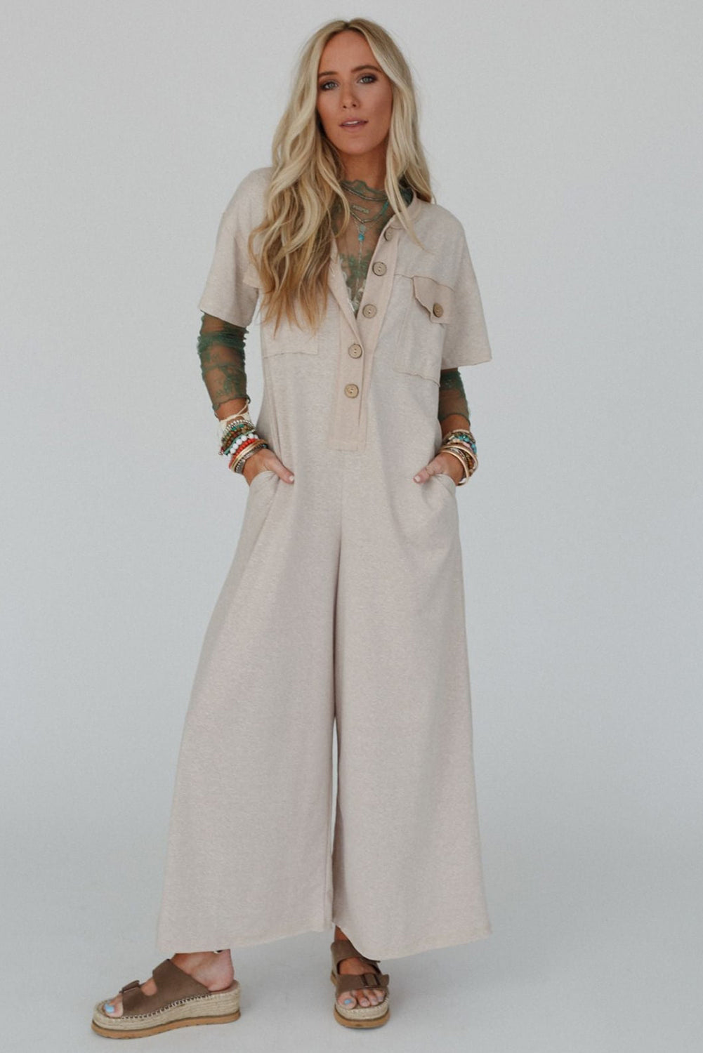 Beau Blue Half Placket Chest Pockets Short Sleeve Wide Leg Jumpsuit