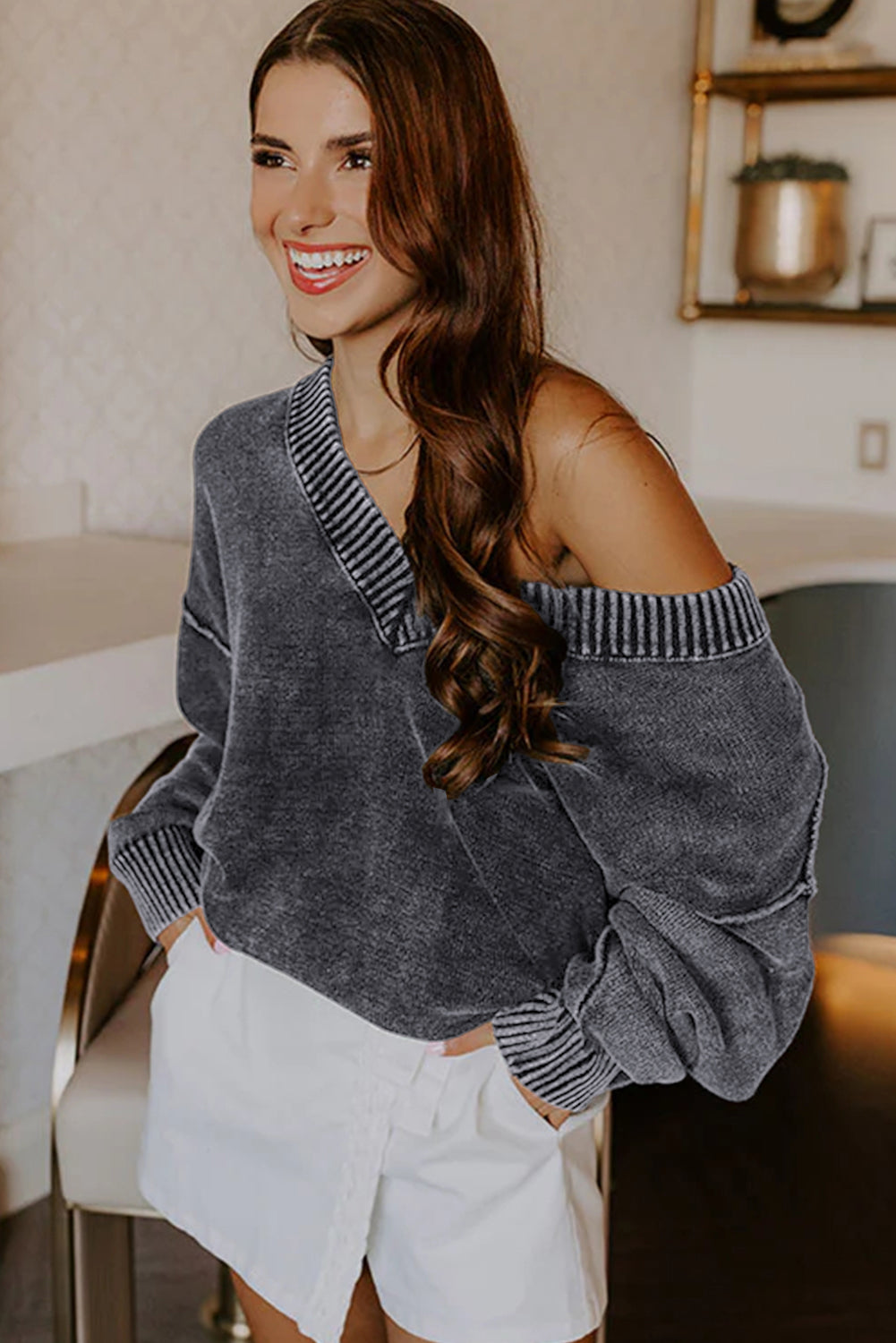 Four Leaf Clover Mineral Wash V Neck Knit Exposed Seam Drop Shoulder Loose Sweater