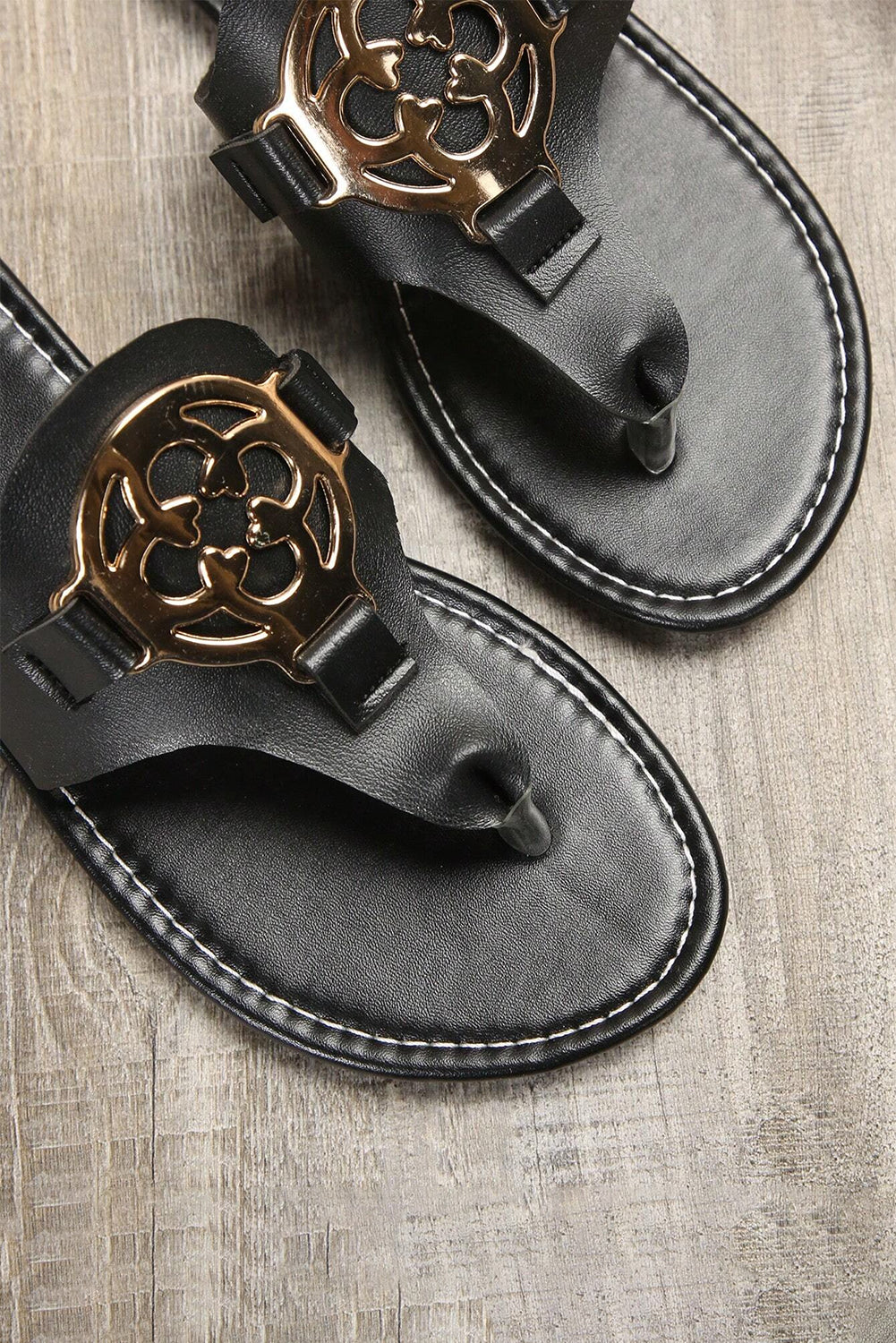 White Metal Decor Leather Thong Slippers