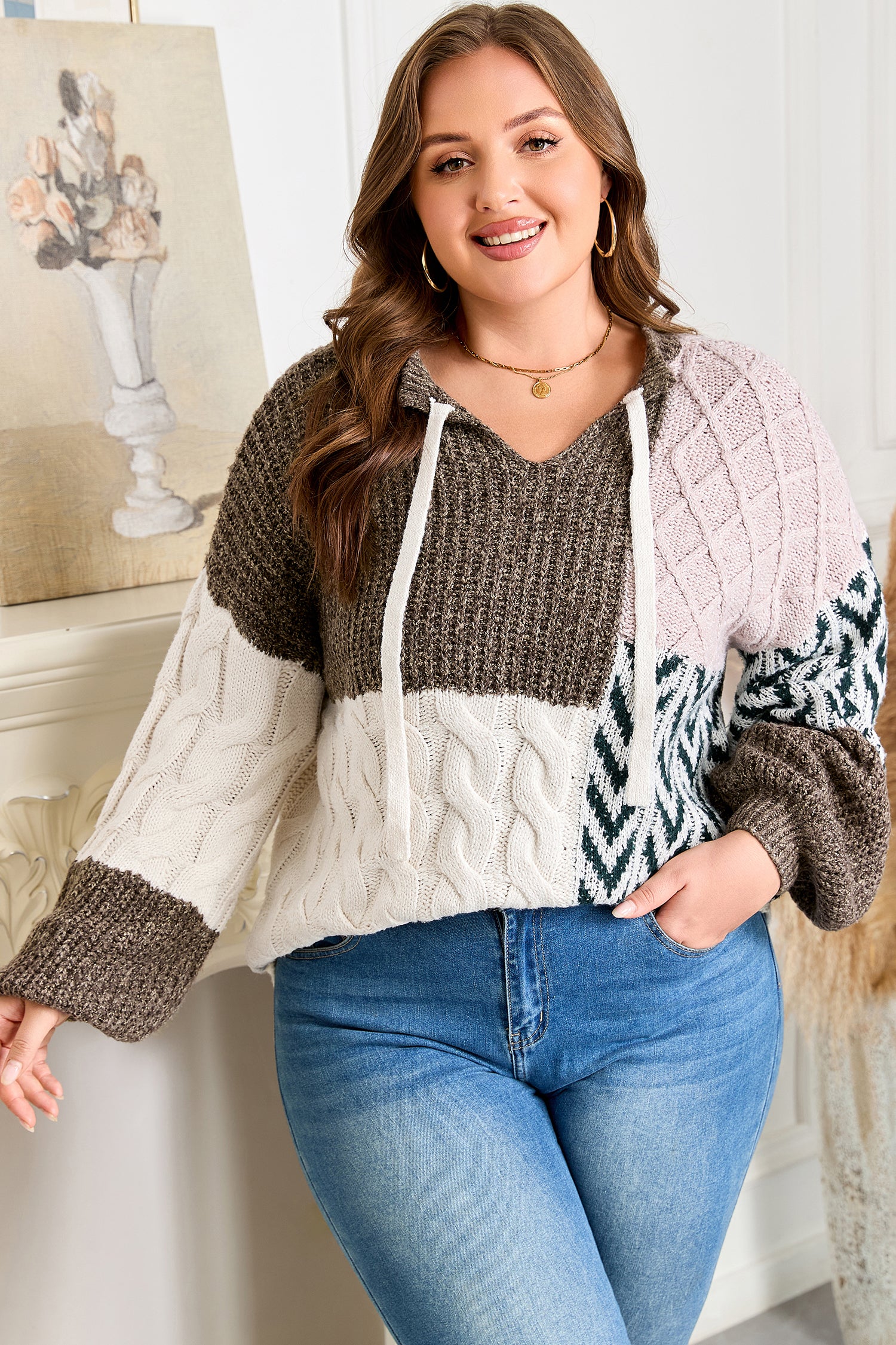 Brown Color Block Patchwork Knotted Back Loose Fit Sweater