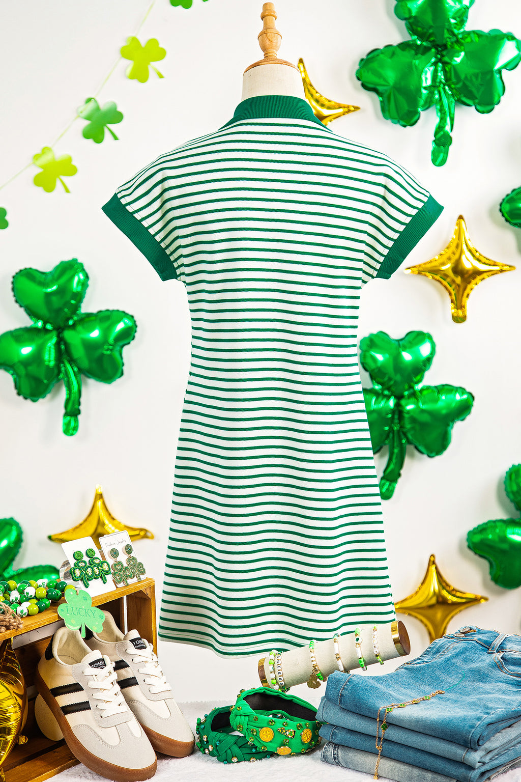 Green Stripe Magic St Patricks Day Sequin Graphic Zip Polo Tee Dress