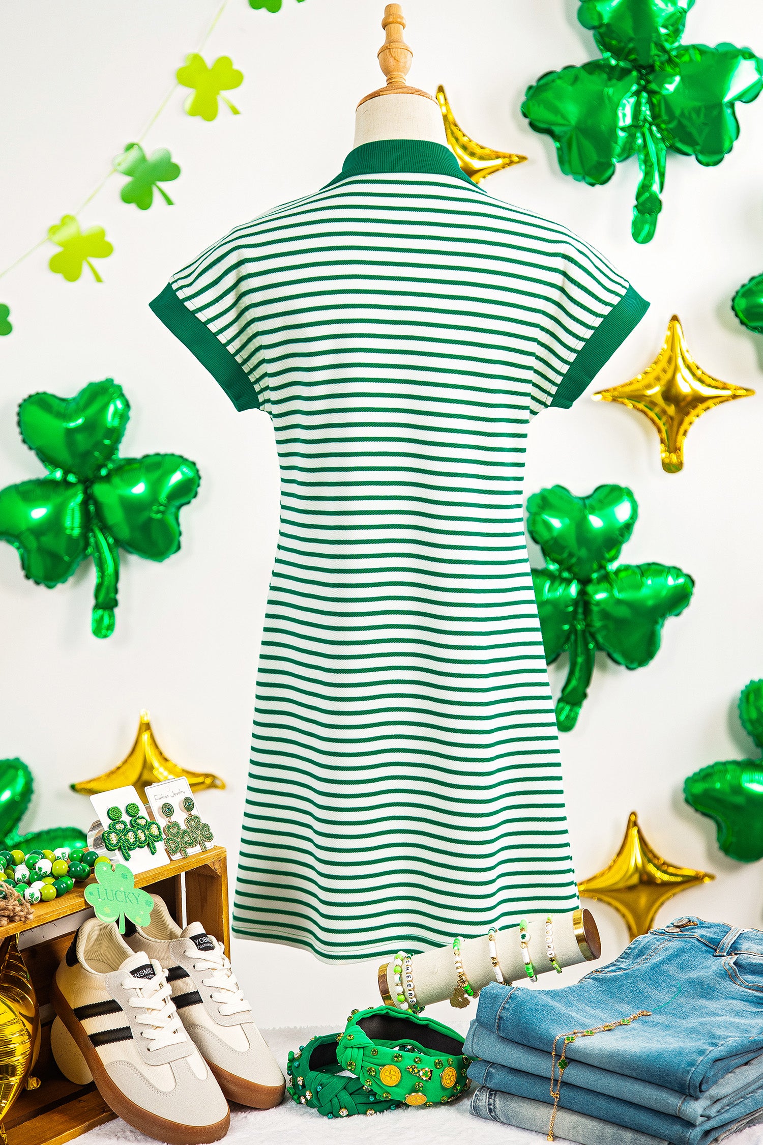 Green Stripe Magic St Patricks Day Sequin Graphic Zip Polo Tee Dress