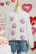White Sequin Love Heart Pattern Corded Valentines Sweatshirt