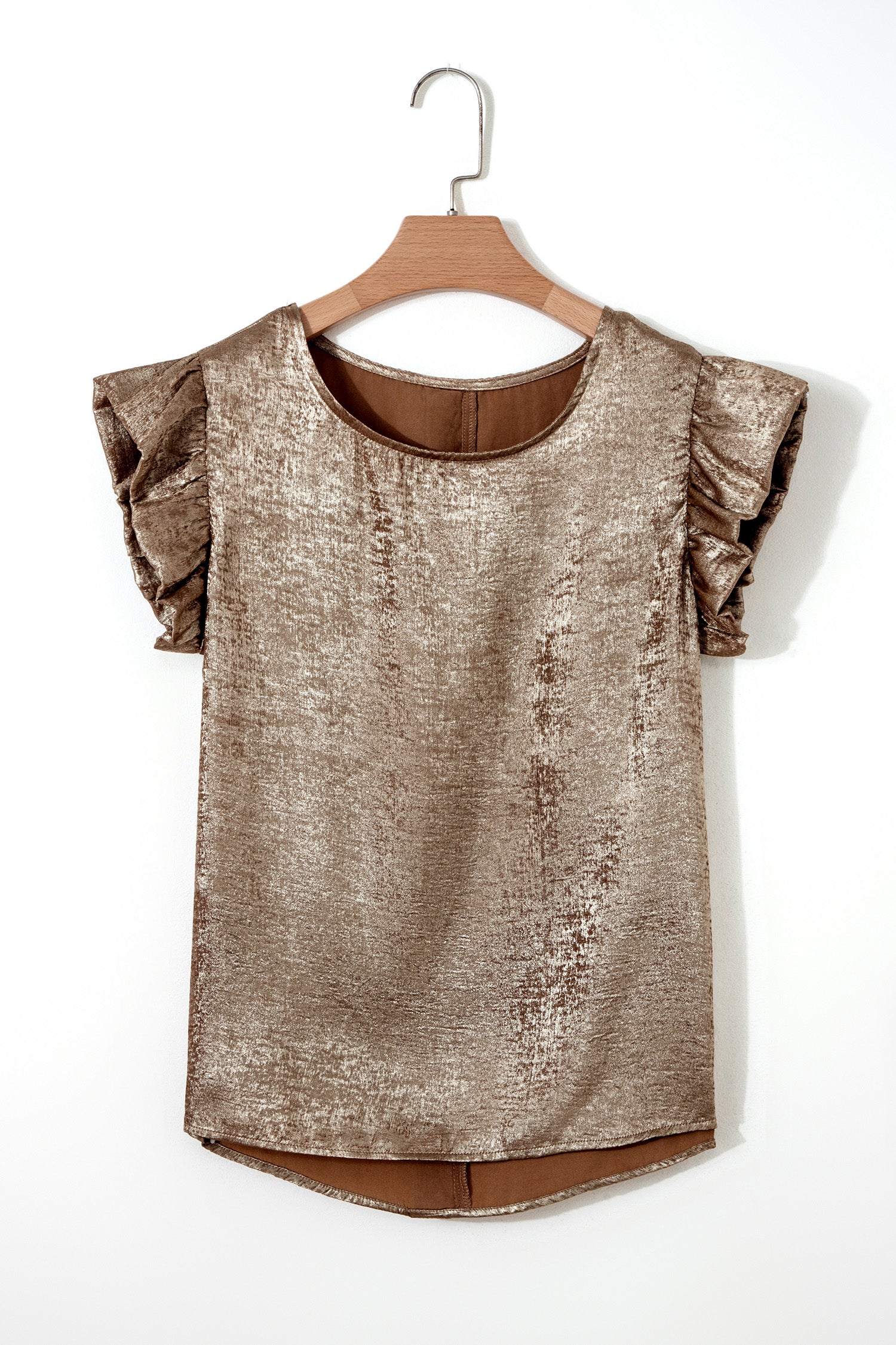 Apricot Metallic Round Neck Smocked Long Sleeve Blouse