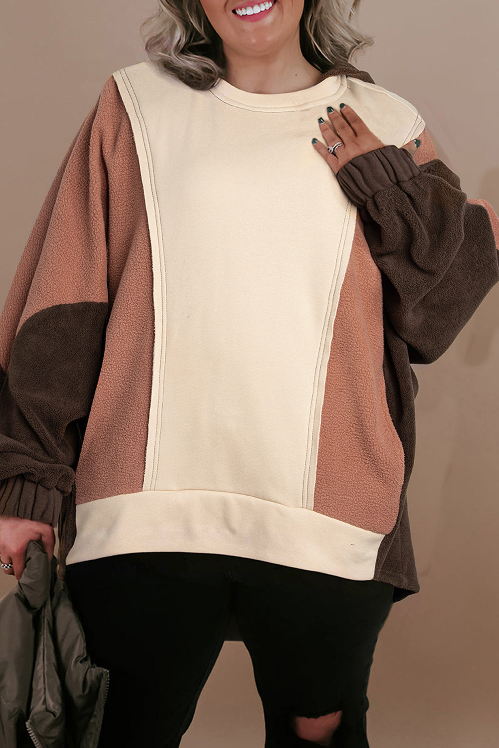 Beige Oversized Color Block Patchwork High Low Hoodie