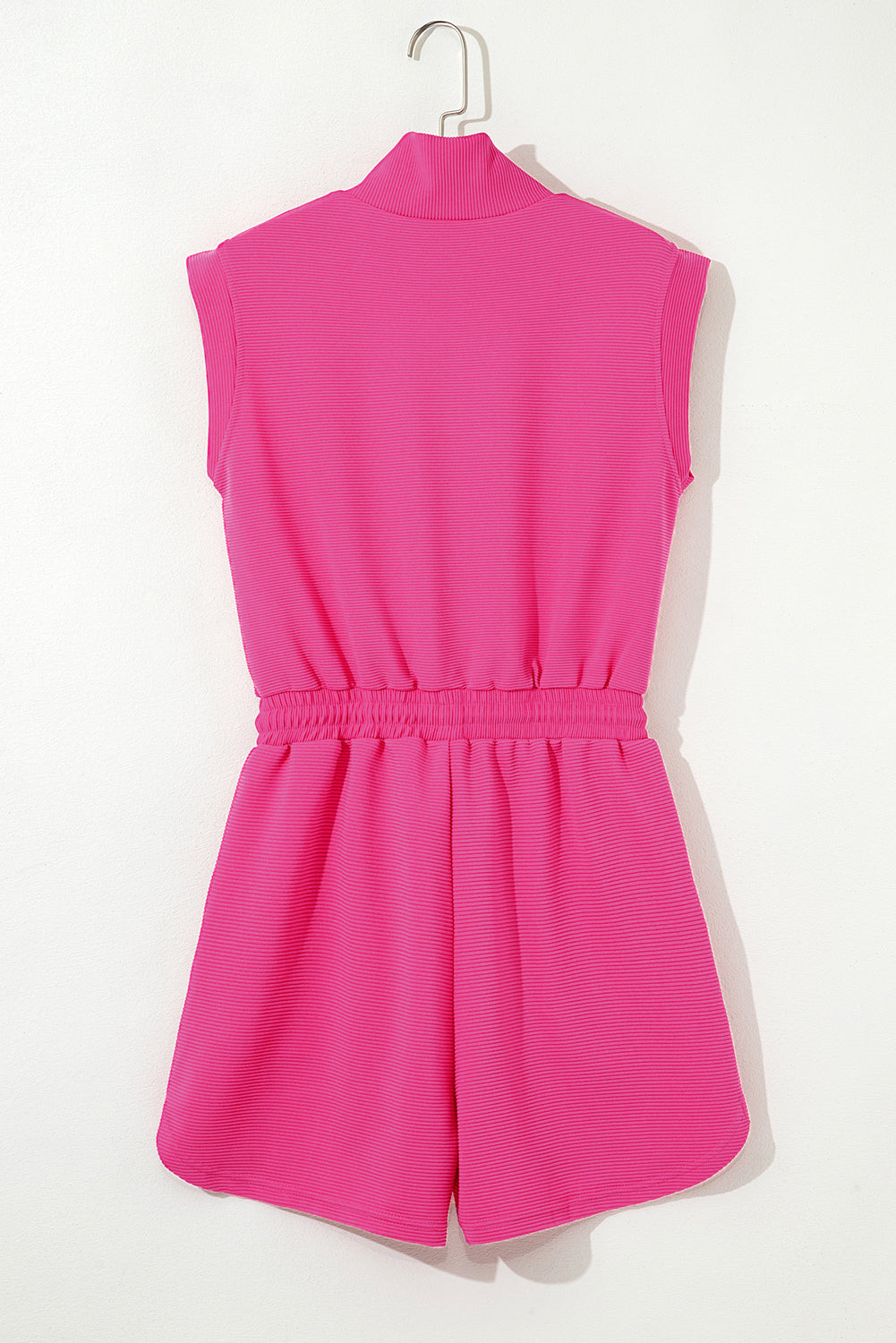 Bright Green Textured Short Sleeve Half Zip Drawstring Elastic Waistband Romper