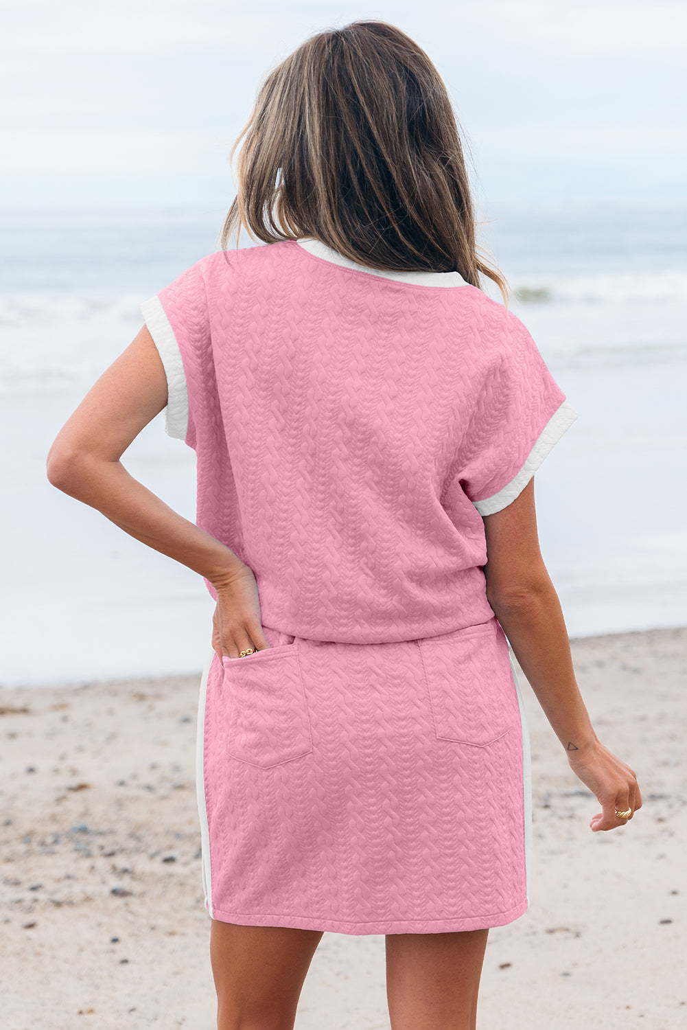 Beau Blue Contrast Trim Textured Crewneck Tee and Pocketed Skirt Set
