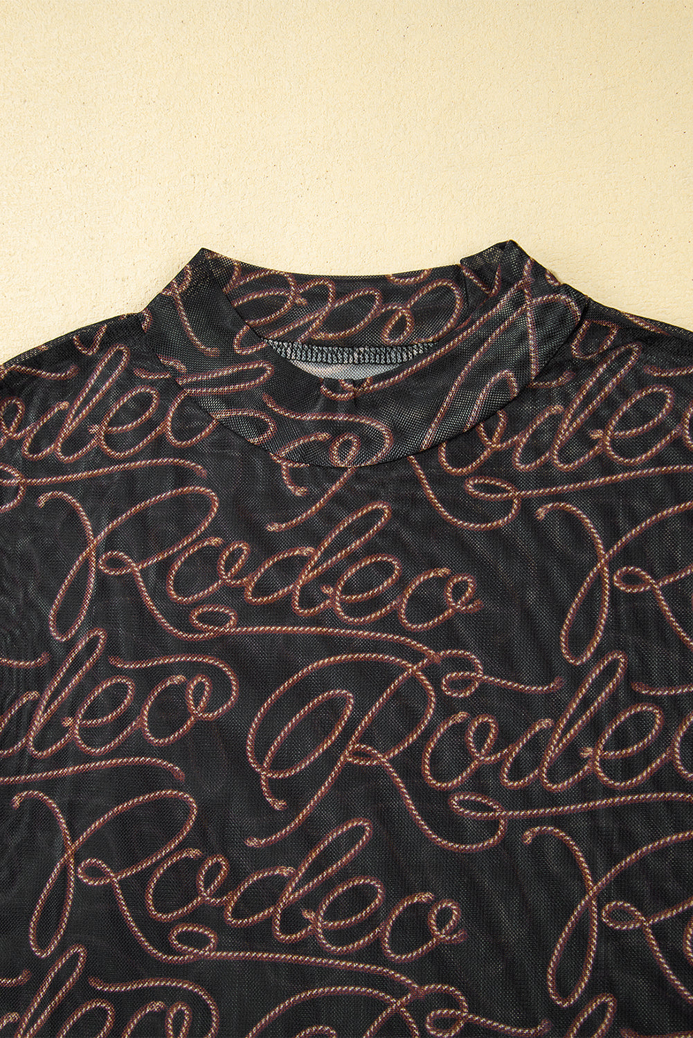 Brown Rodeo Print Round Neck Slim Fit Mesh T Shirt