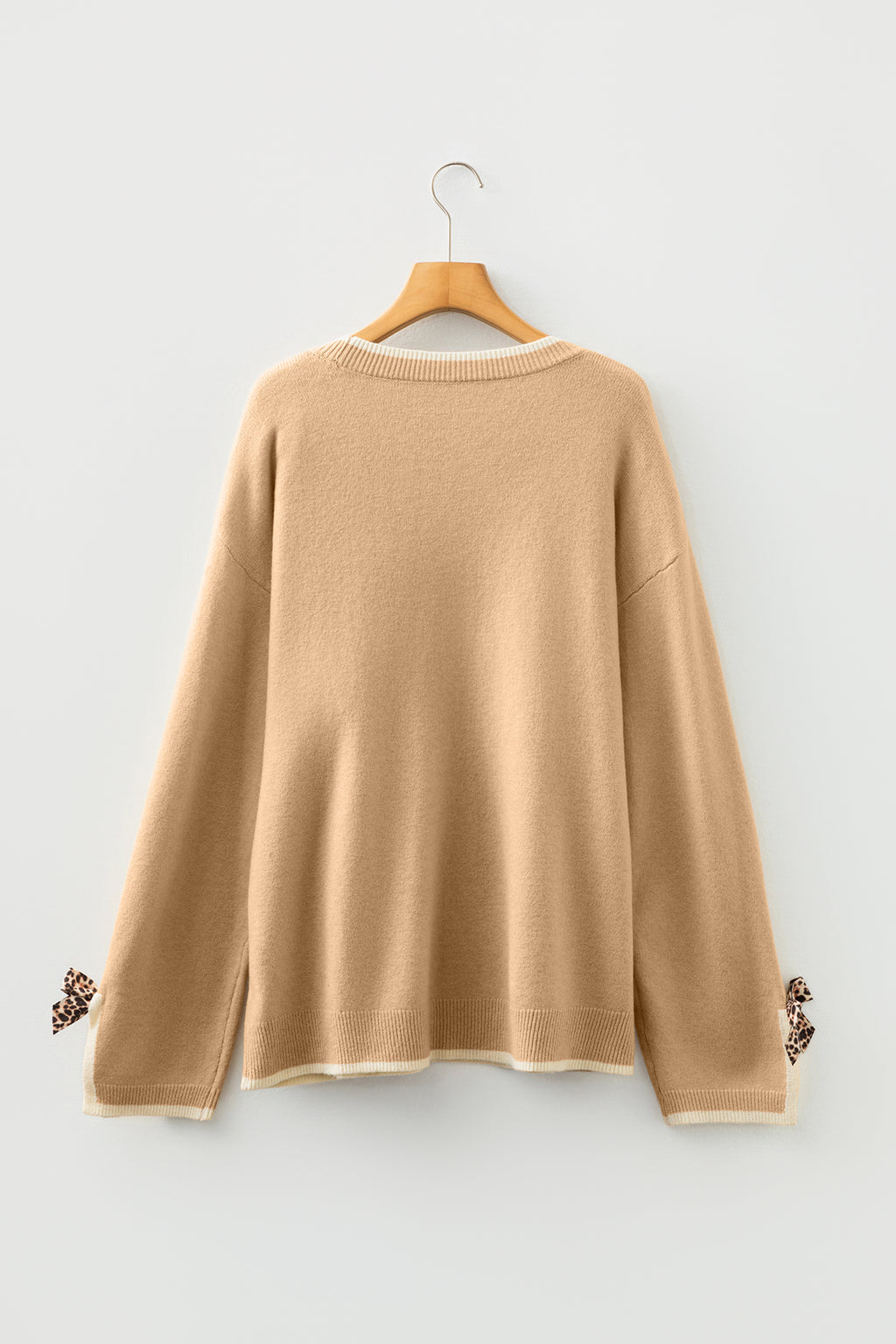 Tan Leopard Bow Decor Split Cuff Contrast Trim Sweater