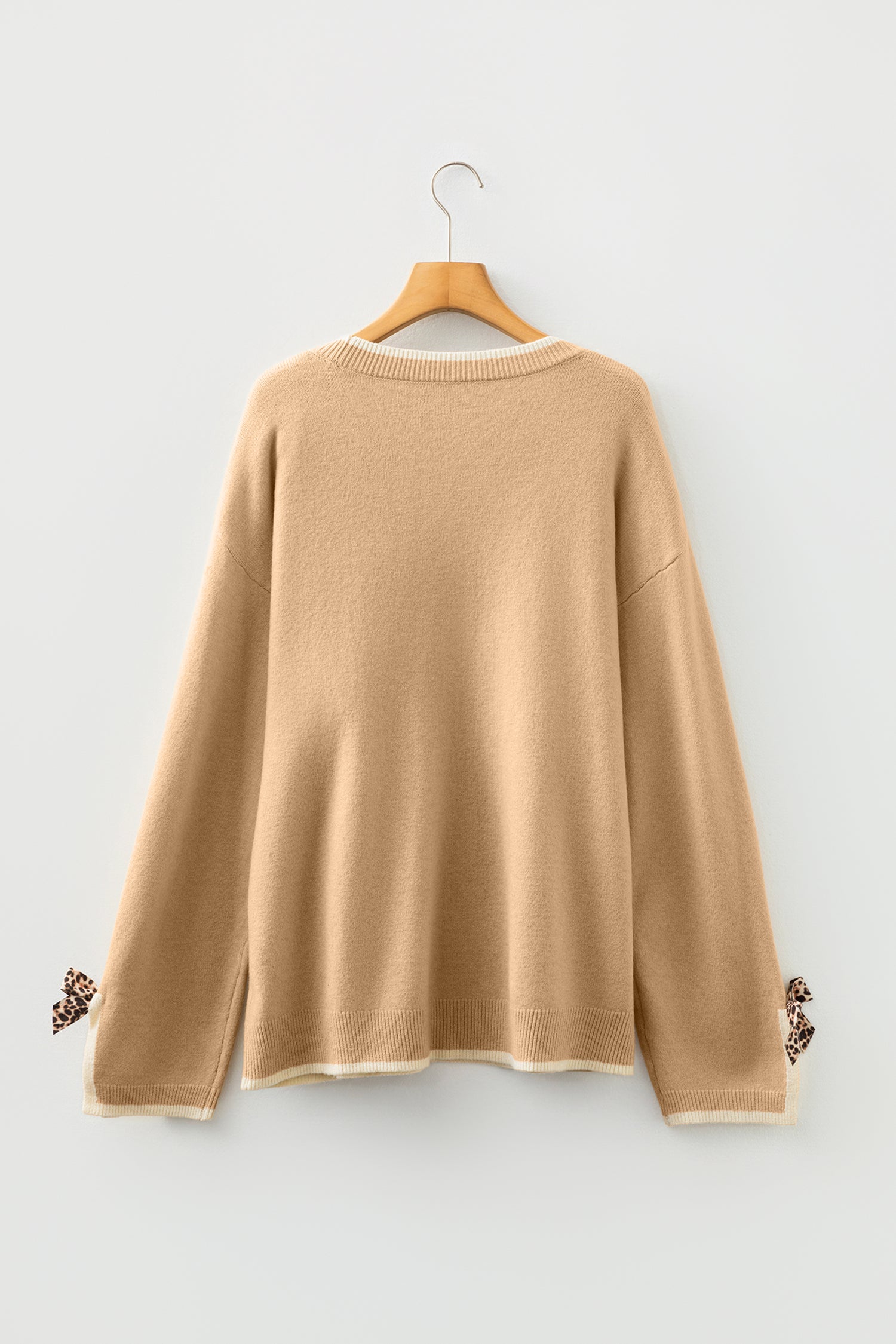 Tan Leopard Bow Decor Split Cuff Contrast Trim Sweater