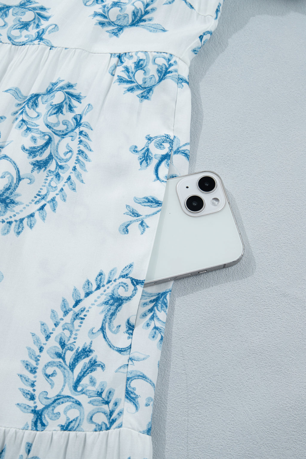Sky Blue Plus Size Geometric Floral Print Button Split Neck Short Sleeve Maxi Dress
