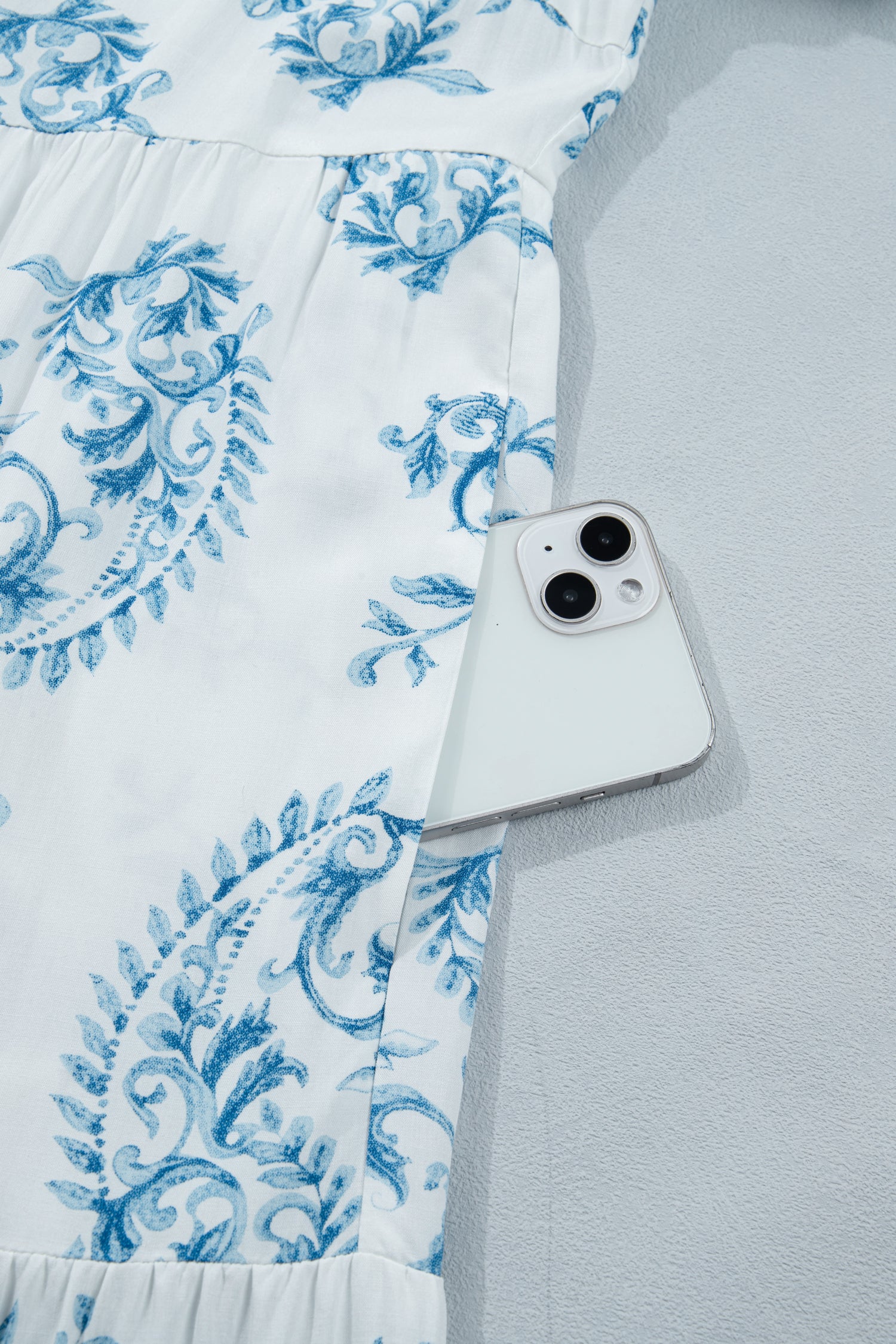 Sky Blue Plus Size Geometric Floral Print Button Split Neck Short Sleeve Maxi Dress