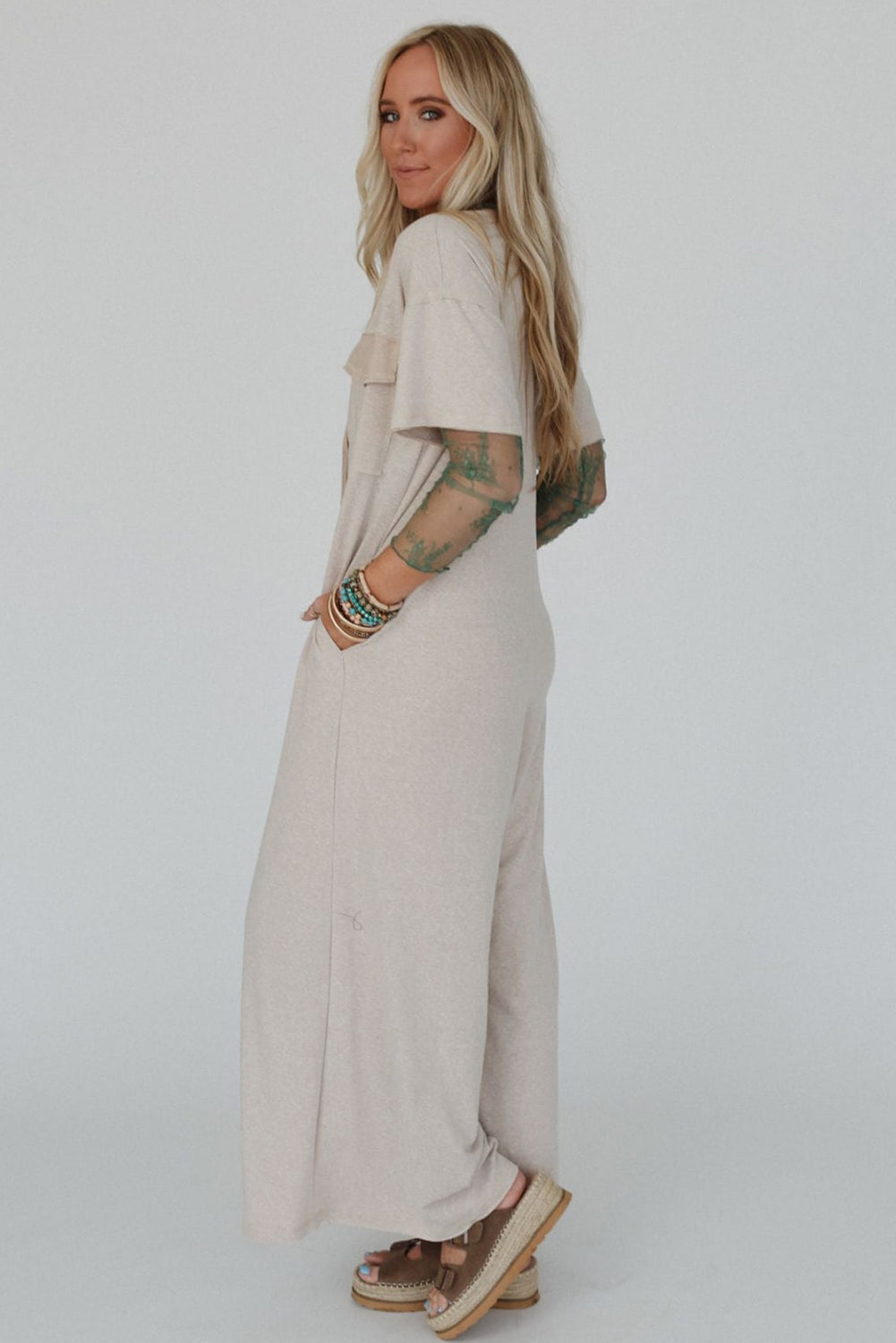 Beau Blue Half Placket Chest Pockets Short Sleeve Wide Leg Jumpsuit