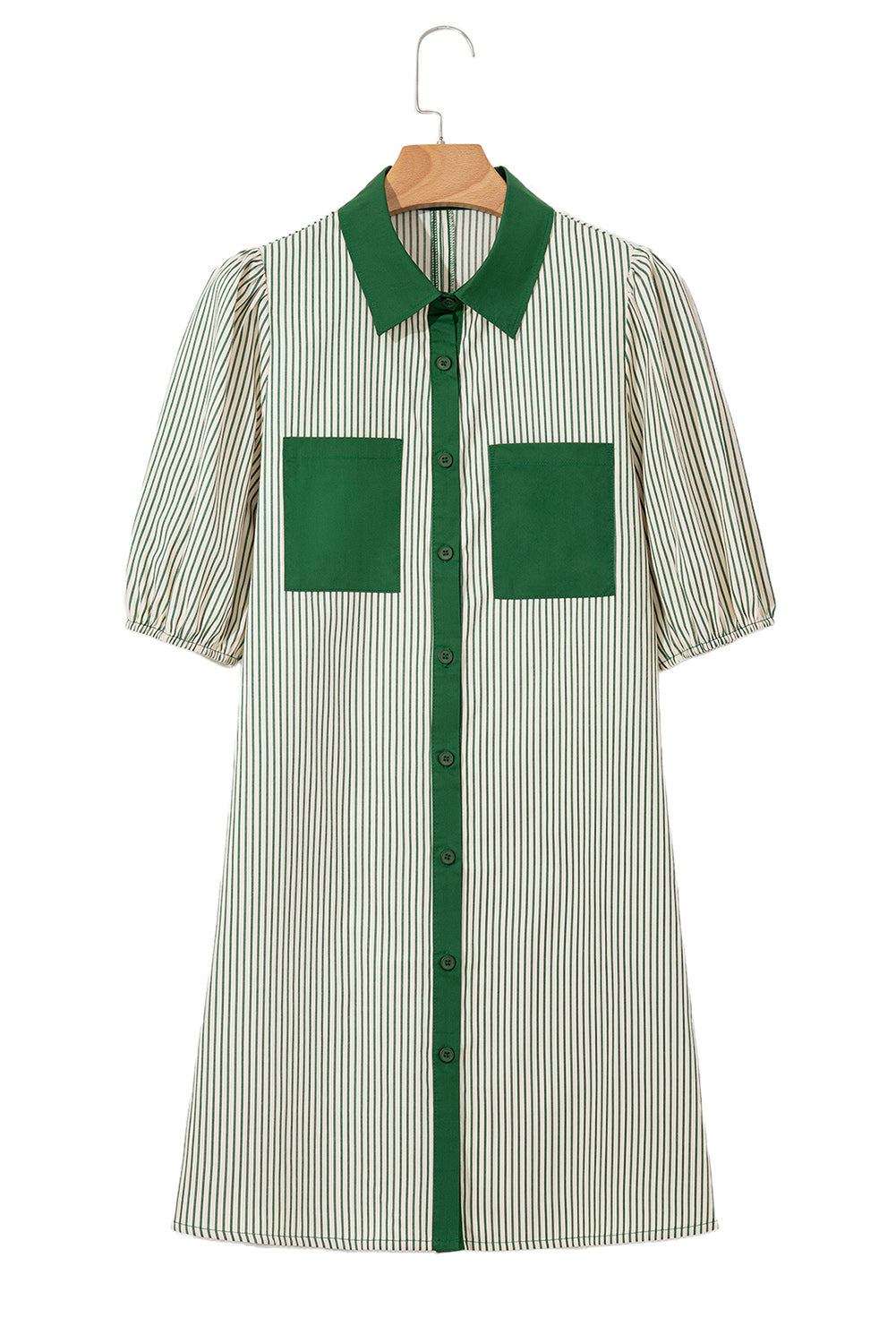 Black Stripe Color Block Patchwork Shirt Collar Button Down Puff Sleeve Mini Dress