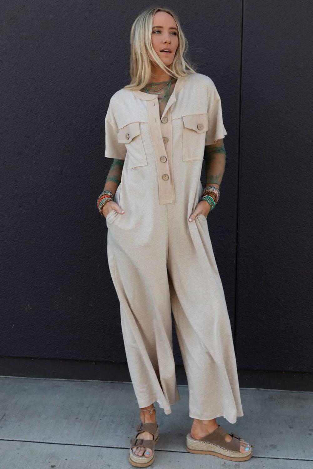 Beau Blue Half Placket Chest Pockets Short Sleeve Wide Leg Jumpsuit