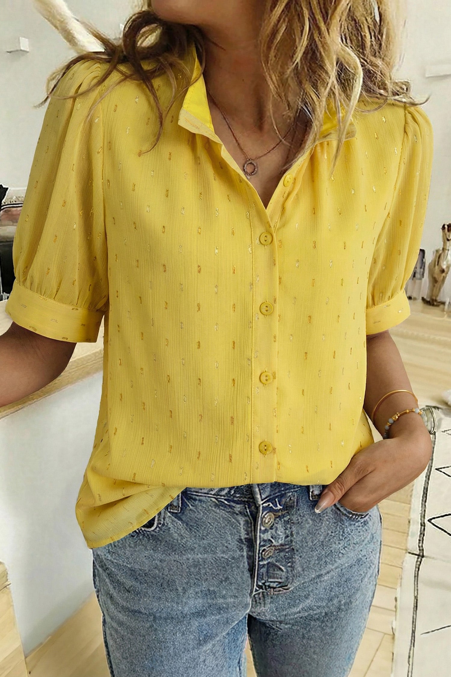 Dusk Blue Metallic Jacquard Short Sleeve Shirt