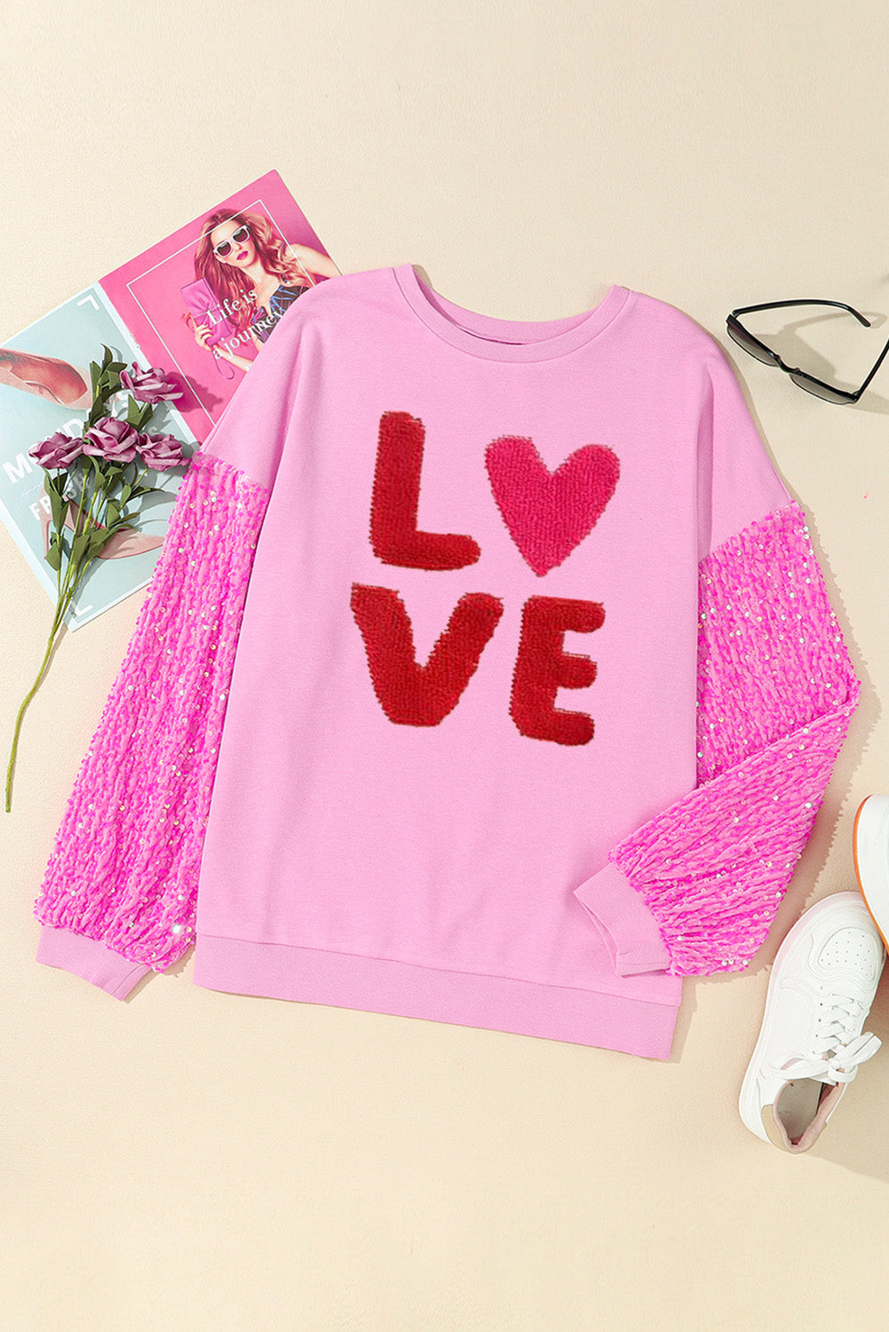 Pink Sequin Patchwork Long Sleeve Pullover Top