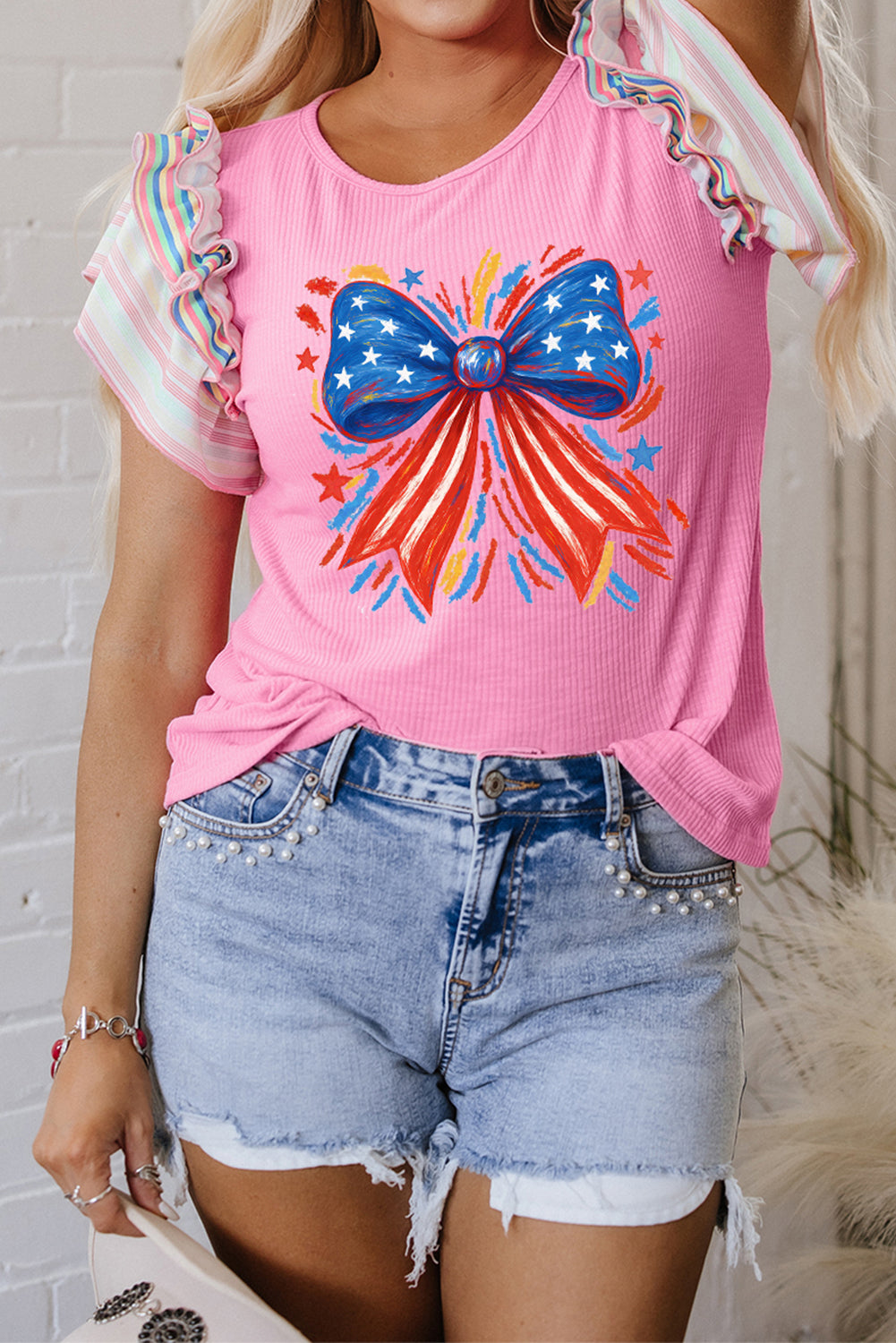Bonbon Striped Ruffle Flutter Sleeve Ribbed Blouse