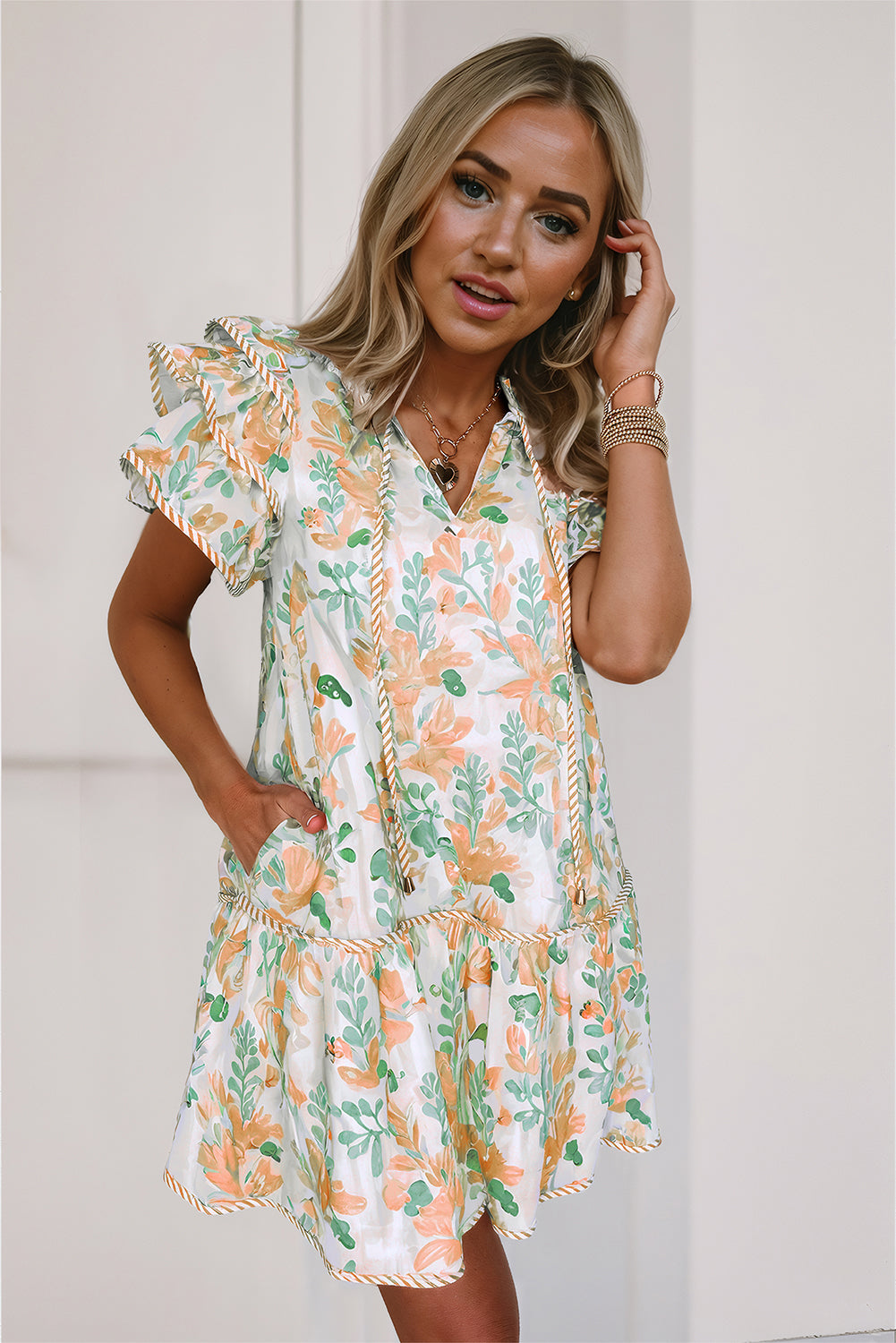 Pink Plus Size Floral Print Striped Detail Short Summer Dress