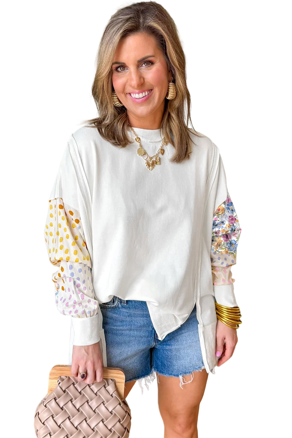 White Plus Size Exposed Seam Detail Contrast Dot Floral Patchwork Sleeve Sweatshirt