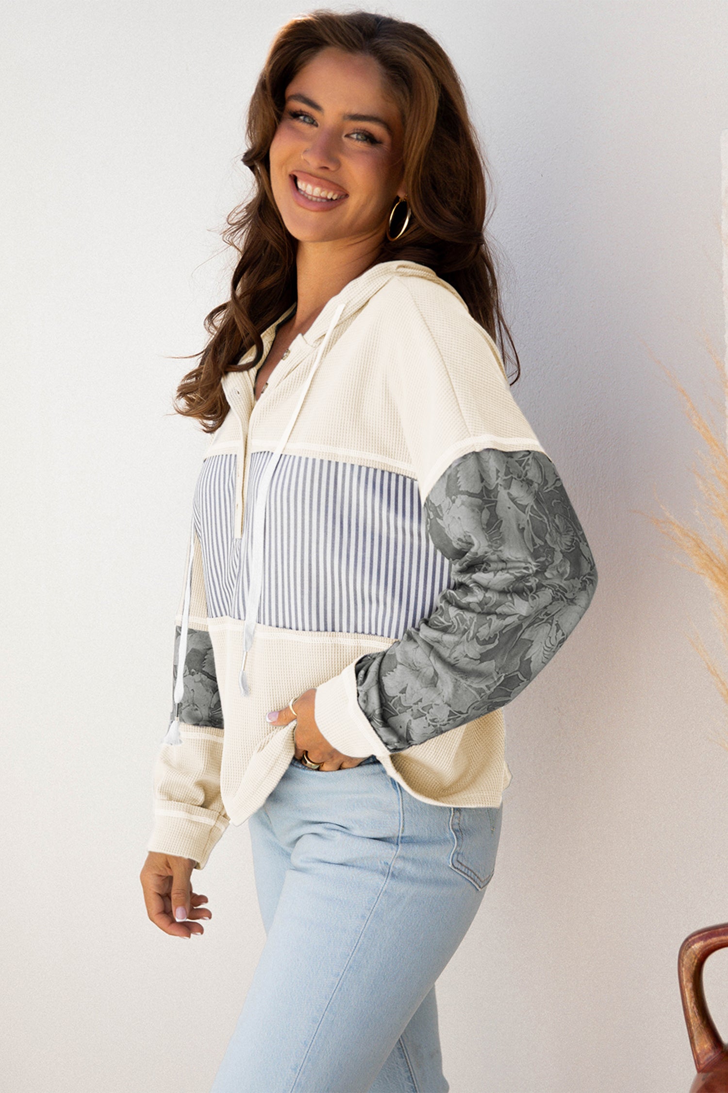 Gray Waffle Printed Patchwork Drawstring Hooded Long Sleeve Top
