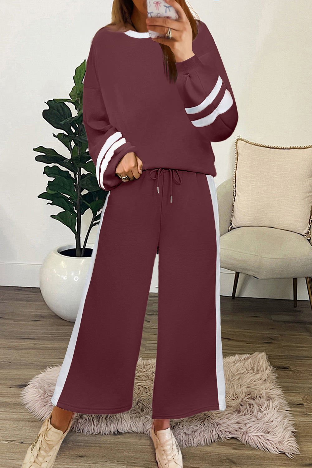 Gray Varsity Stripe Patchwork Puff Sleeve Pullover Drawstring Wide Leg Pant Set