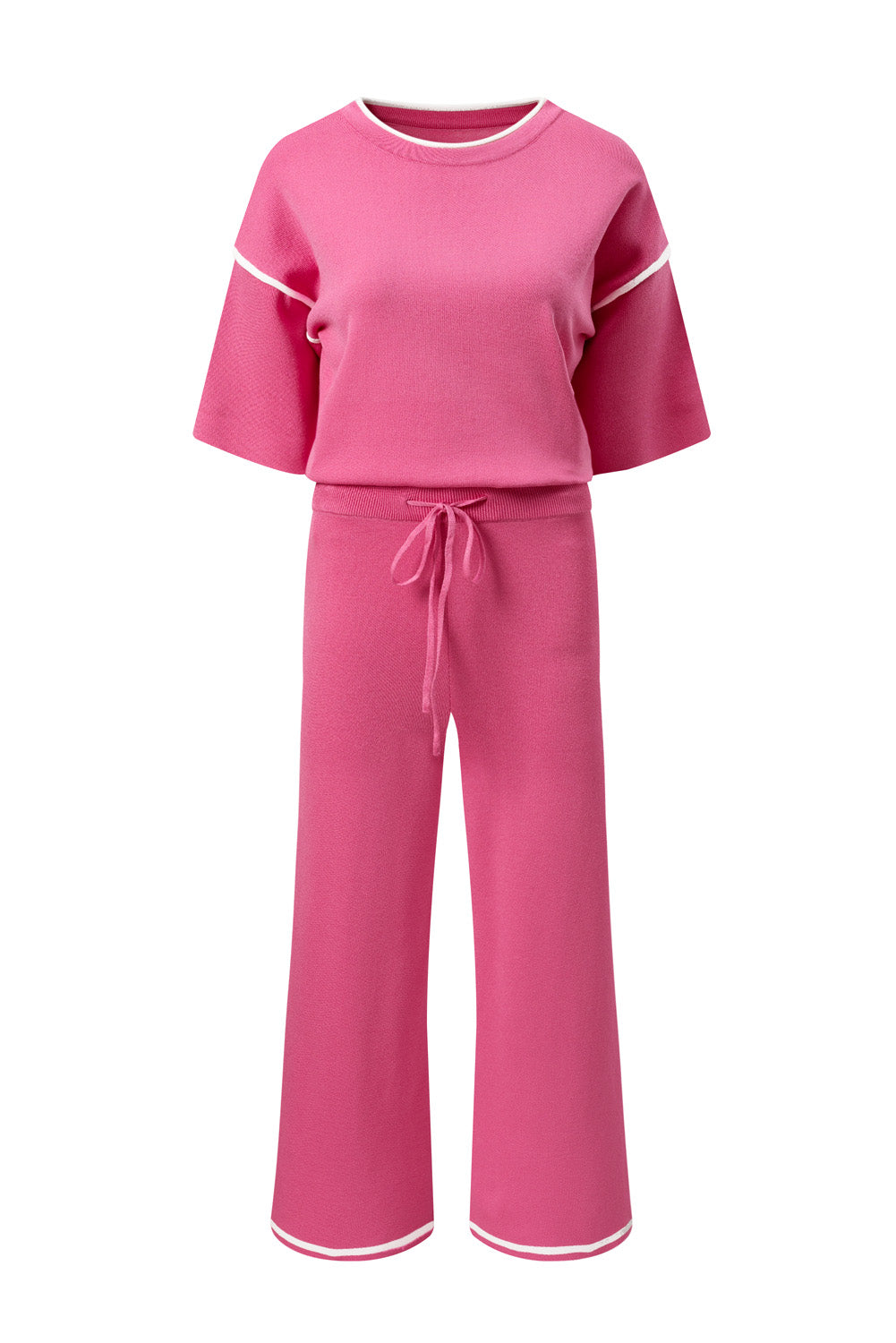 Blackish Green Contrast Trim Half Sleeve Top Drawstring Pants Loose 2pcs Sweater Suit