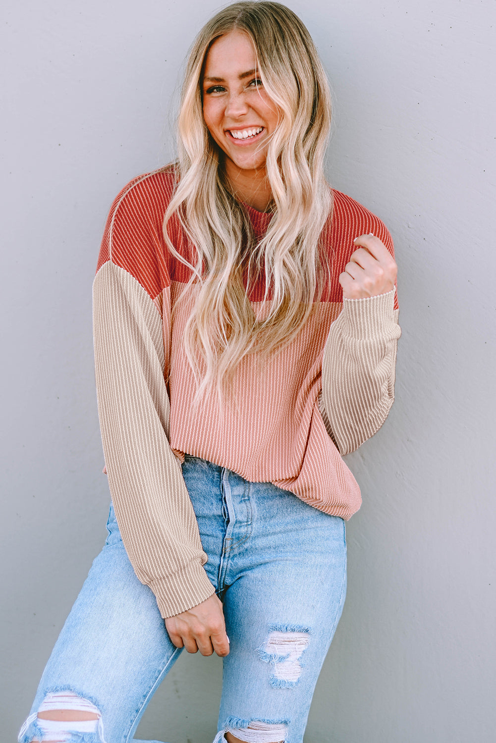Pale Chestnut Color Block Corded Long Sleeve Top