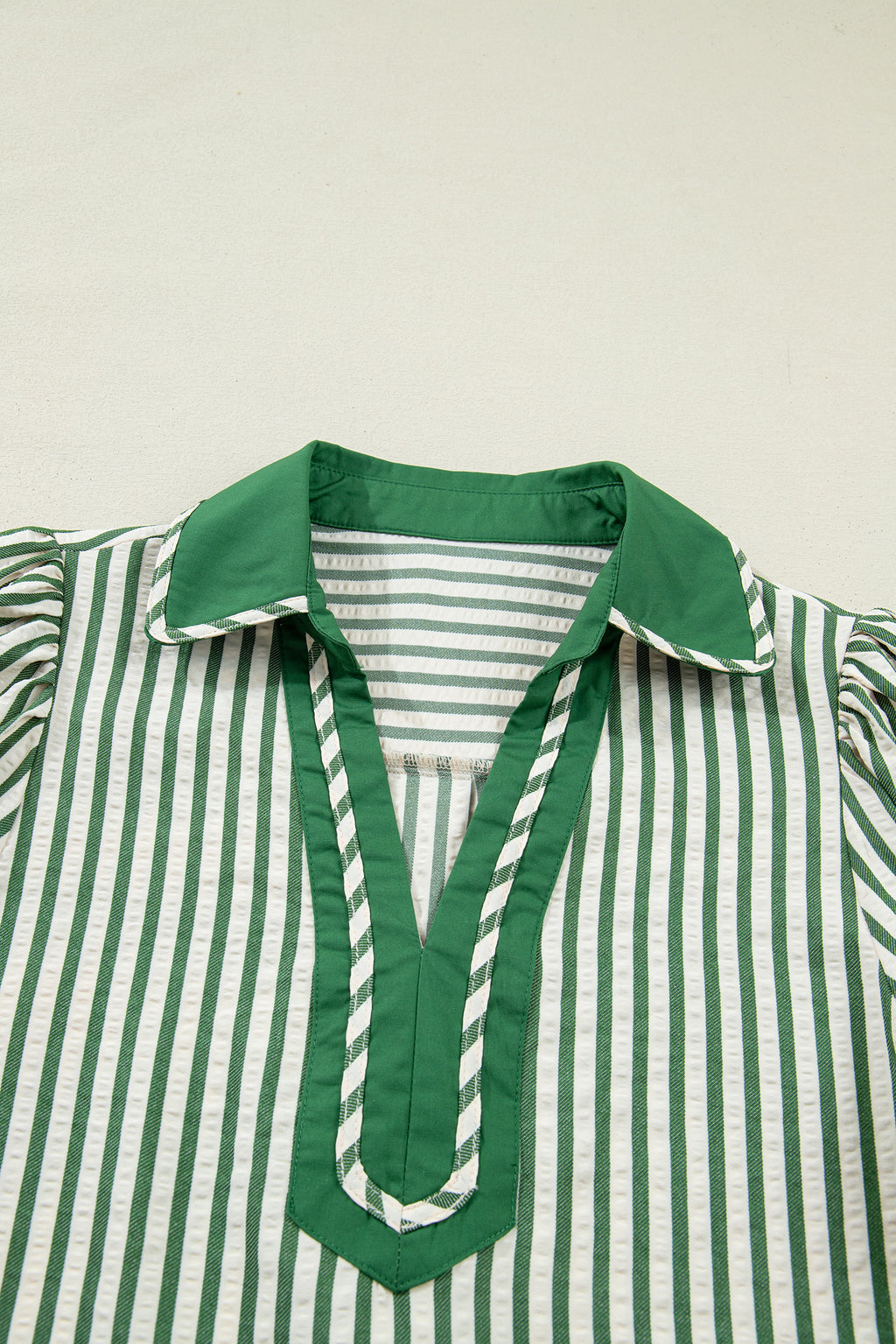Black Stripe Collared Split Neck Short Bubble Sleeve Blouse