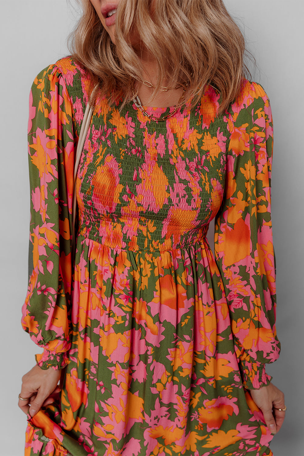 Multicolour Floral Print Long Sleeve Smocked Ruffled Mini Dress